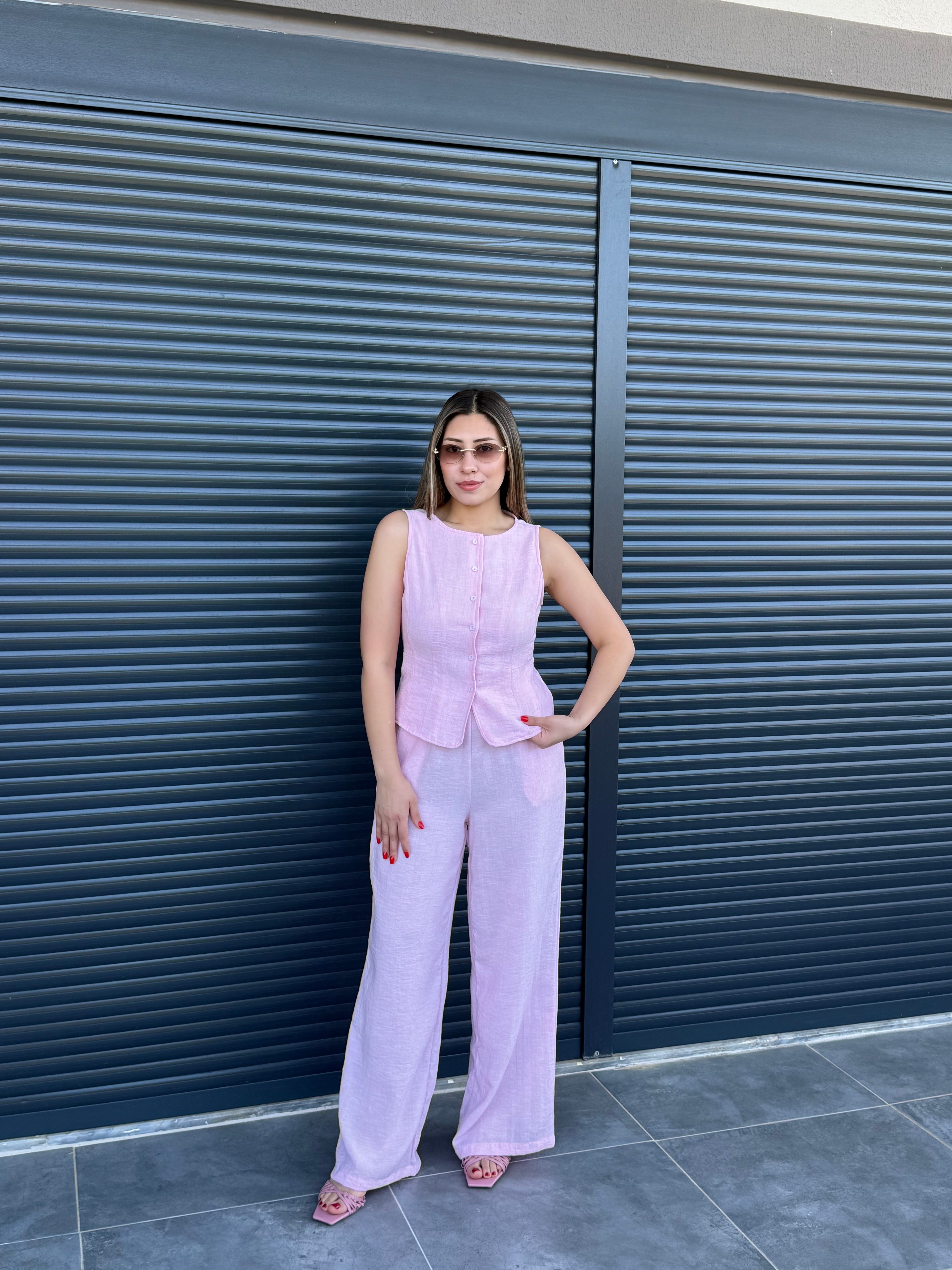 Önü Düğmeli Yelek Pantolon Takım Pembe