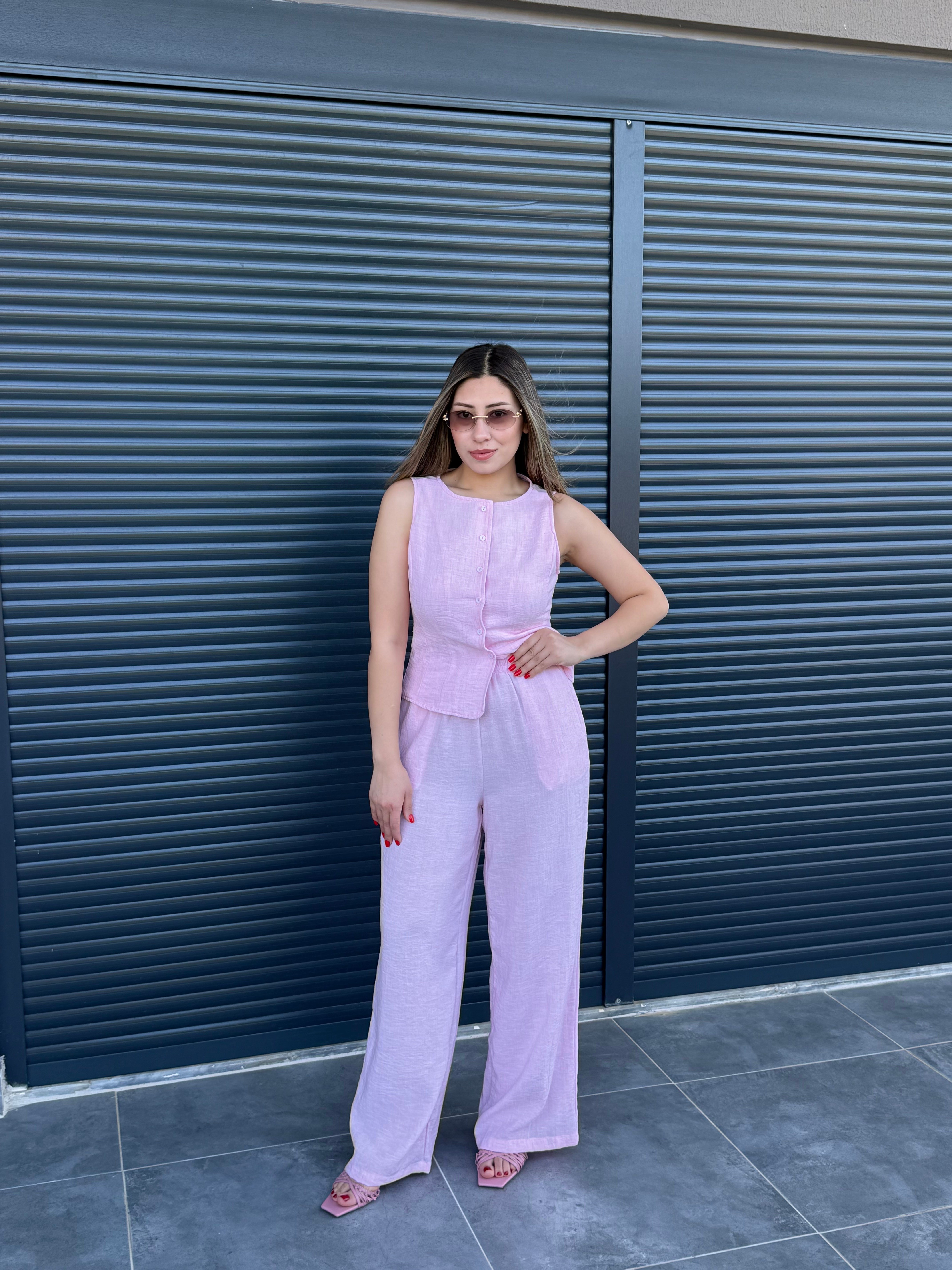 Önü Düğmeli Yelek Pantolon Takım Pembe