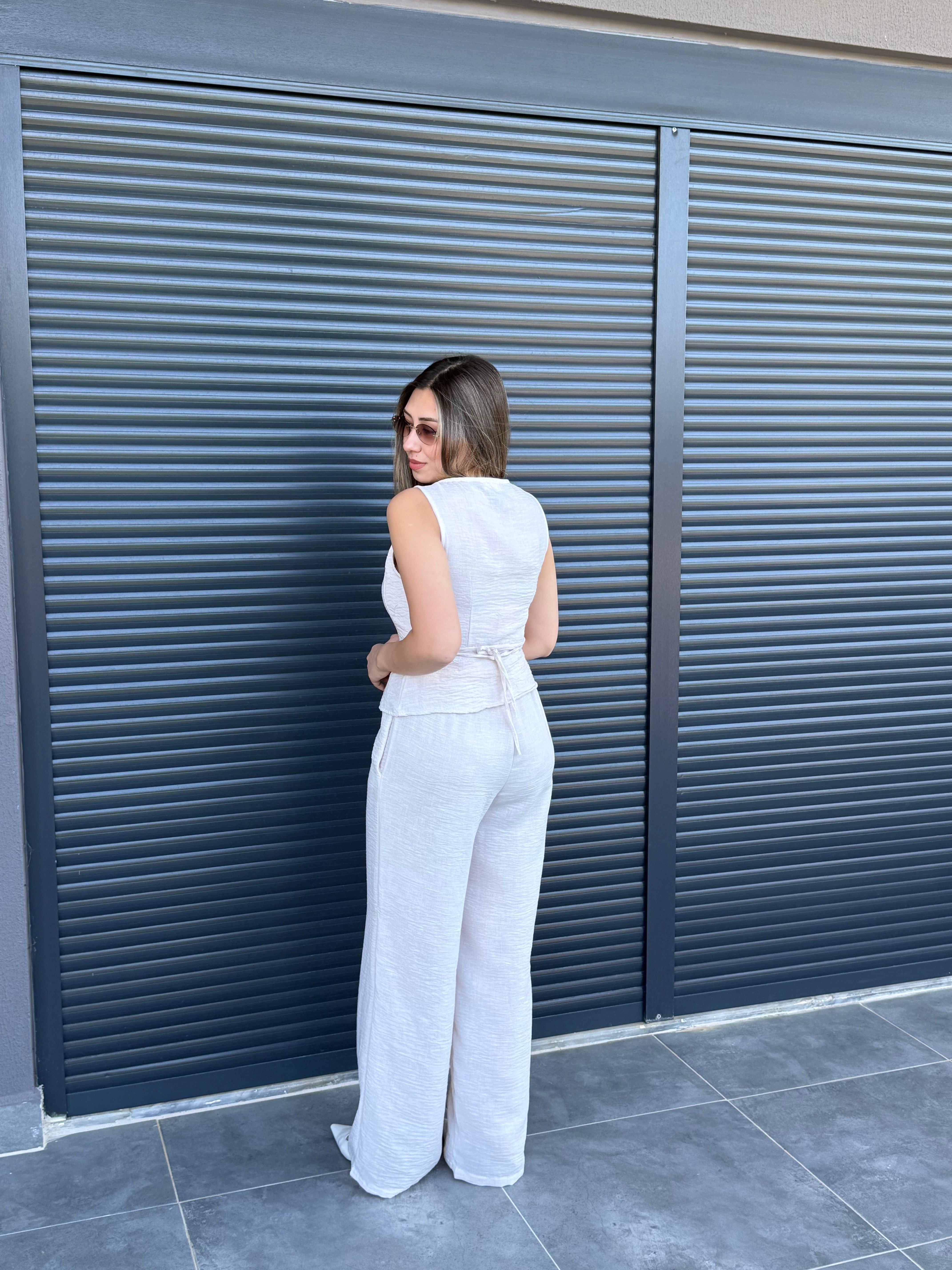 Önü Düğmeli Yelek Pantolon Takım Taş