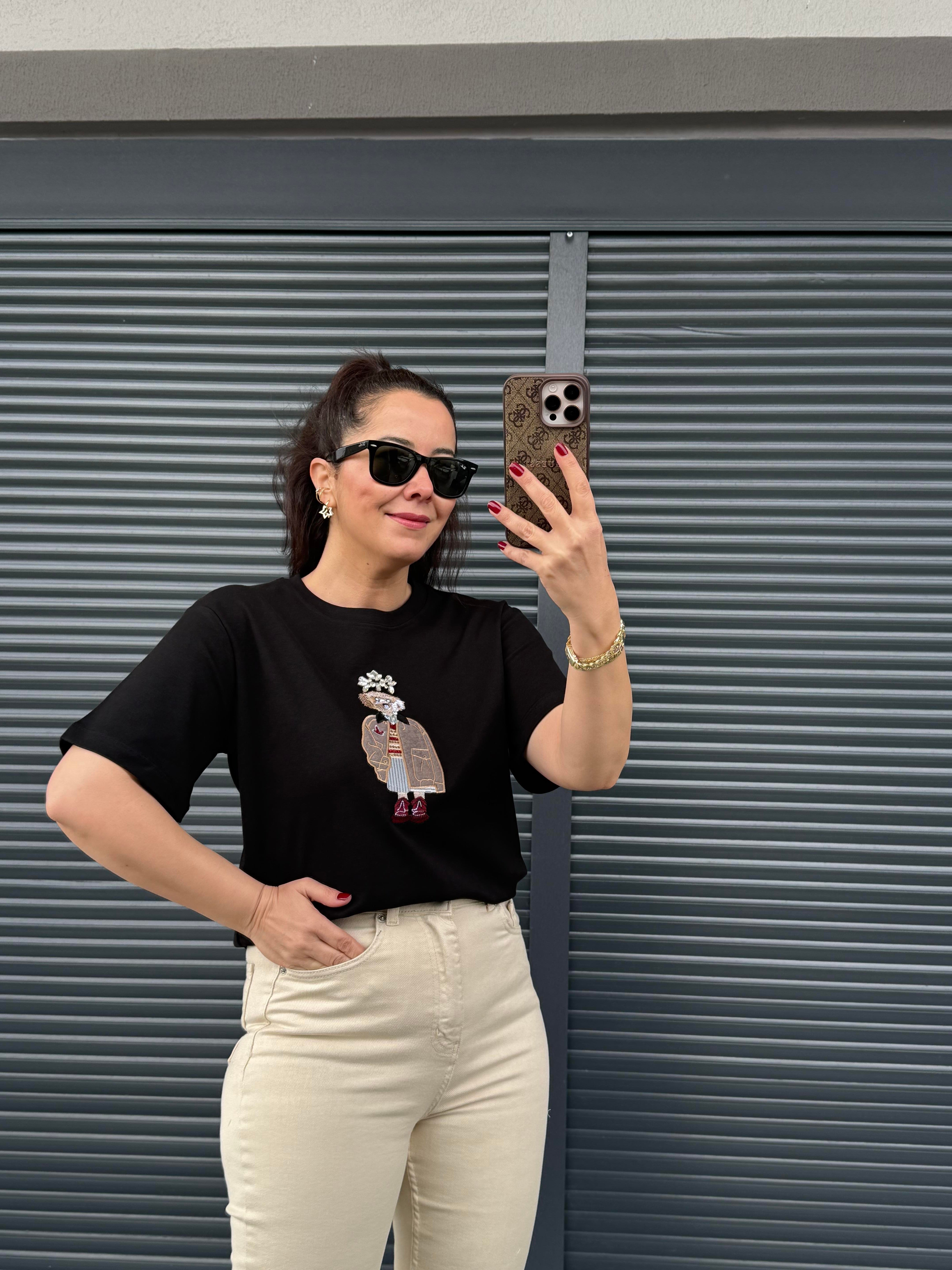 Orj Marka Nakışlı Taşlı T-Shirt Siyah