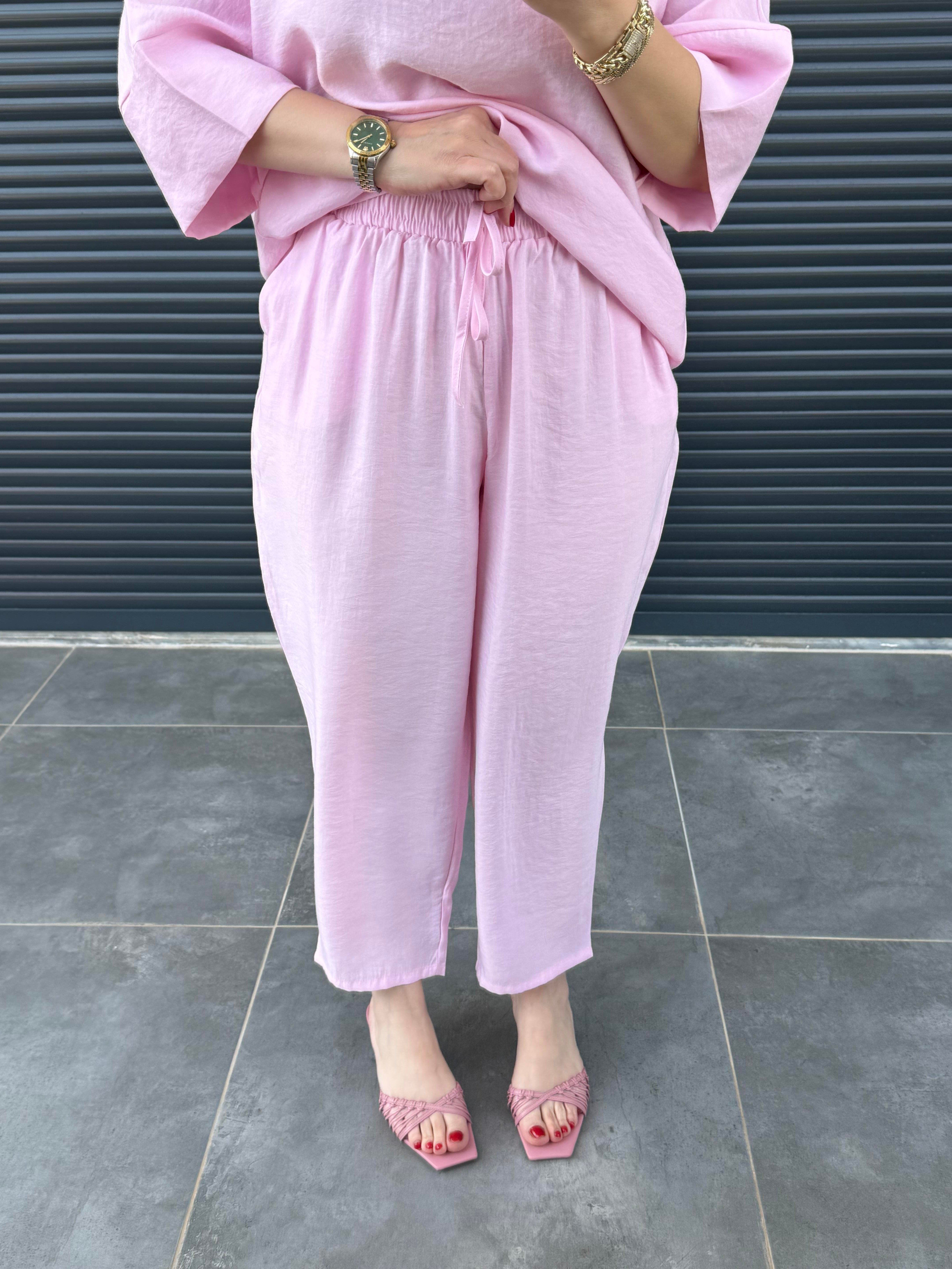 Oval Yaka Bluz Şalvar Pantolon Tensel Takım Pembe