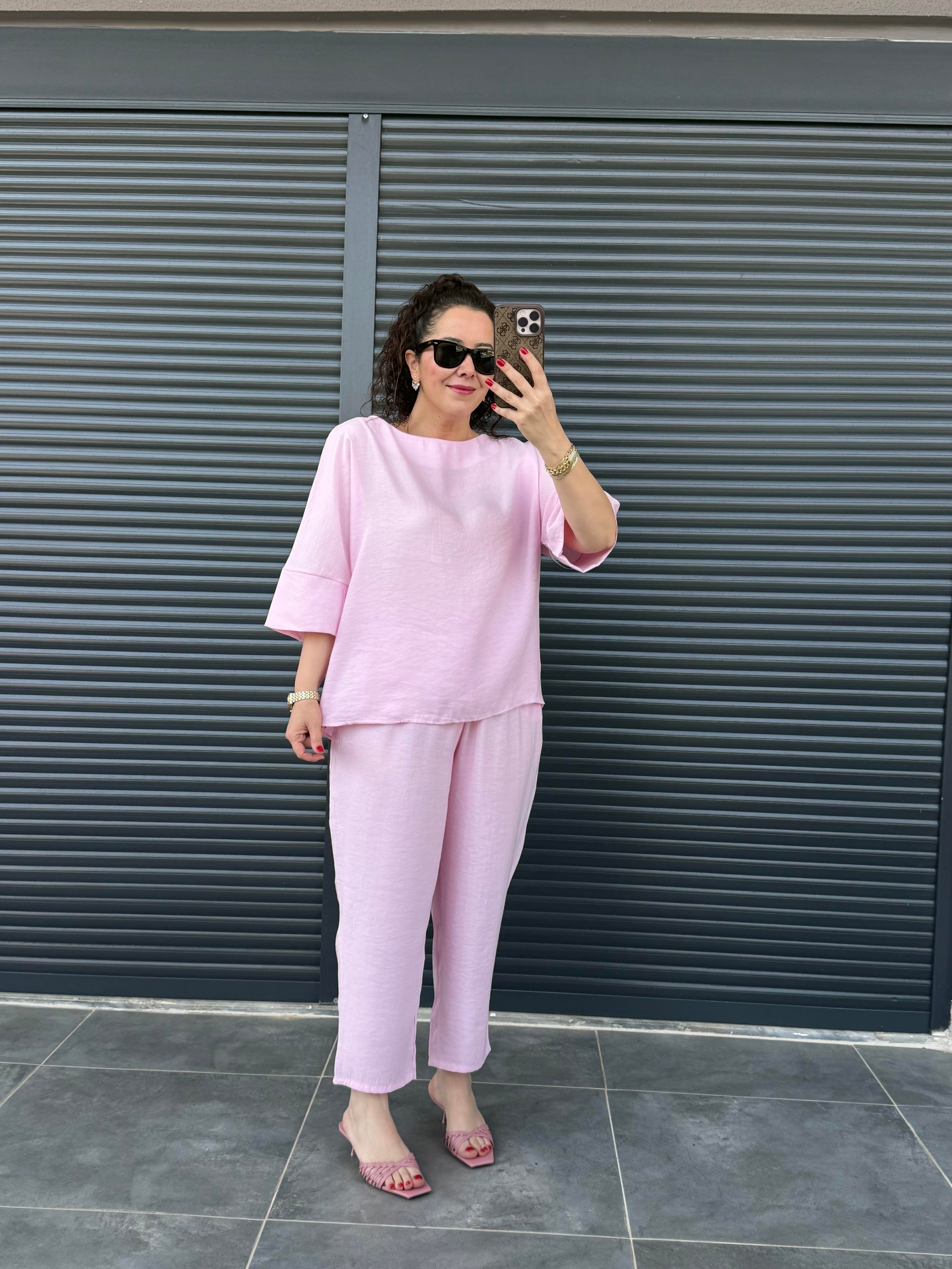 Oval Yaka Bluz Şalvar Pantolon Tensel Takım Pembe