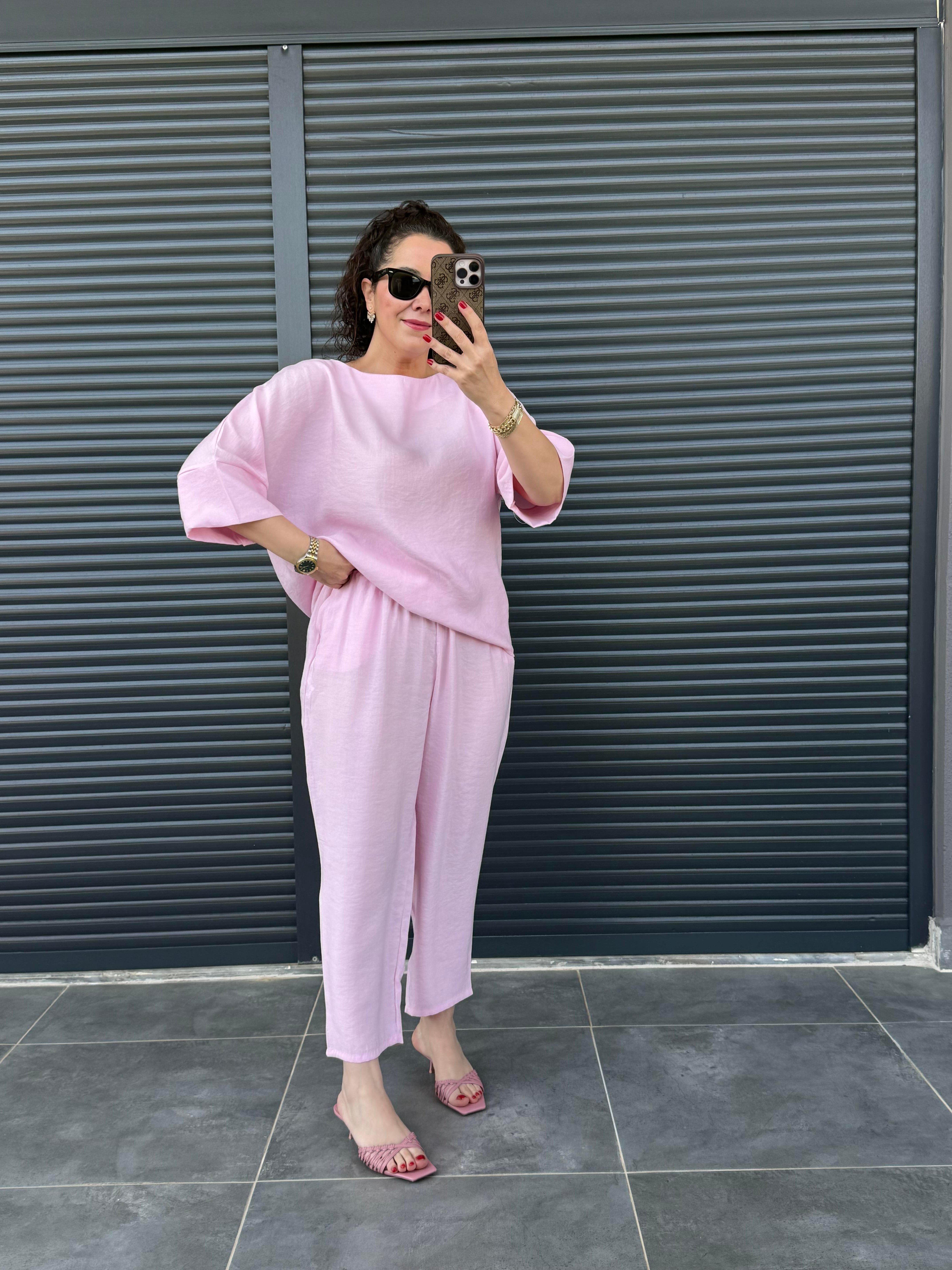 Oval Yaka Bluz Şalvar Pantolon Tensel Takım Pembe