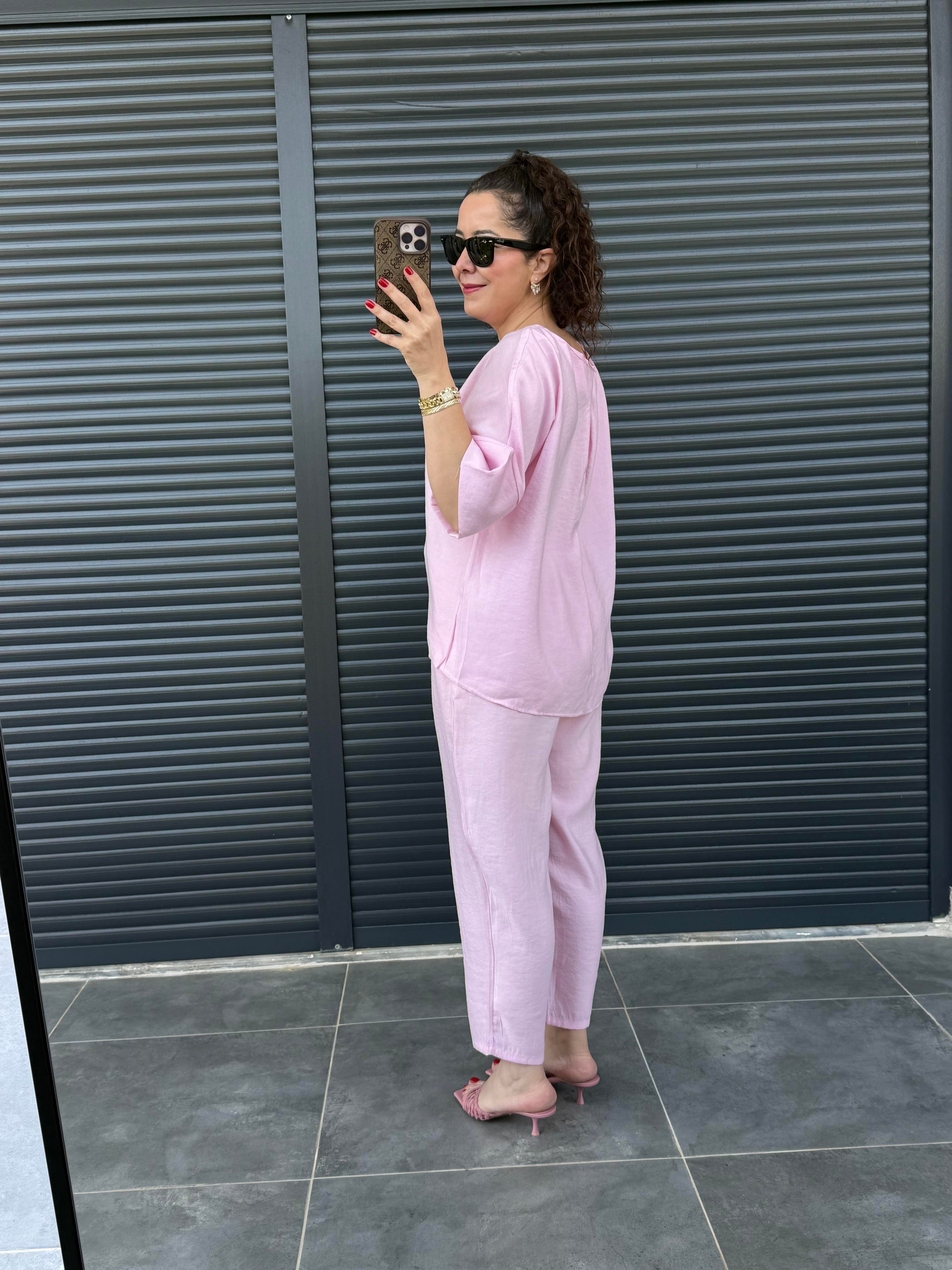 Oval Yaka Bluz Şalvar Pantolon Tensel Takım Pembe