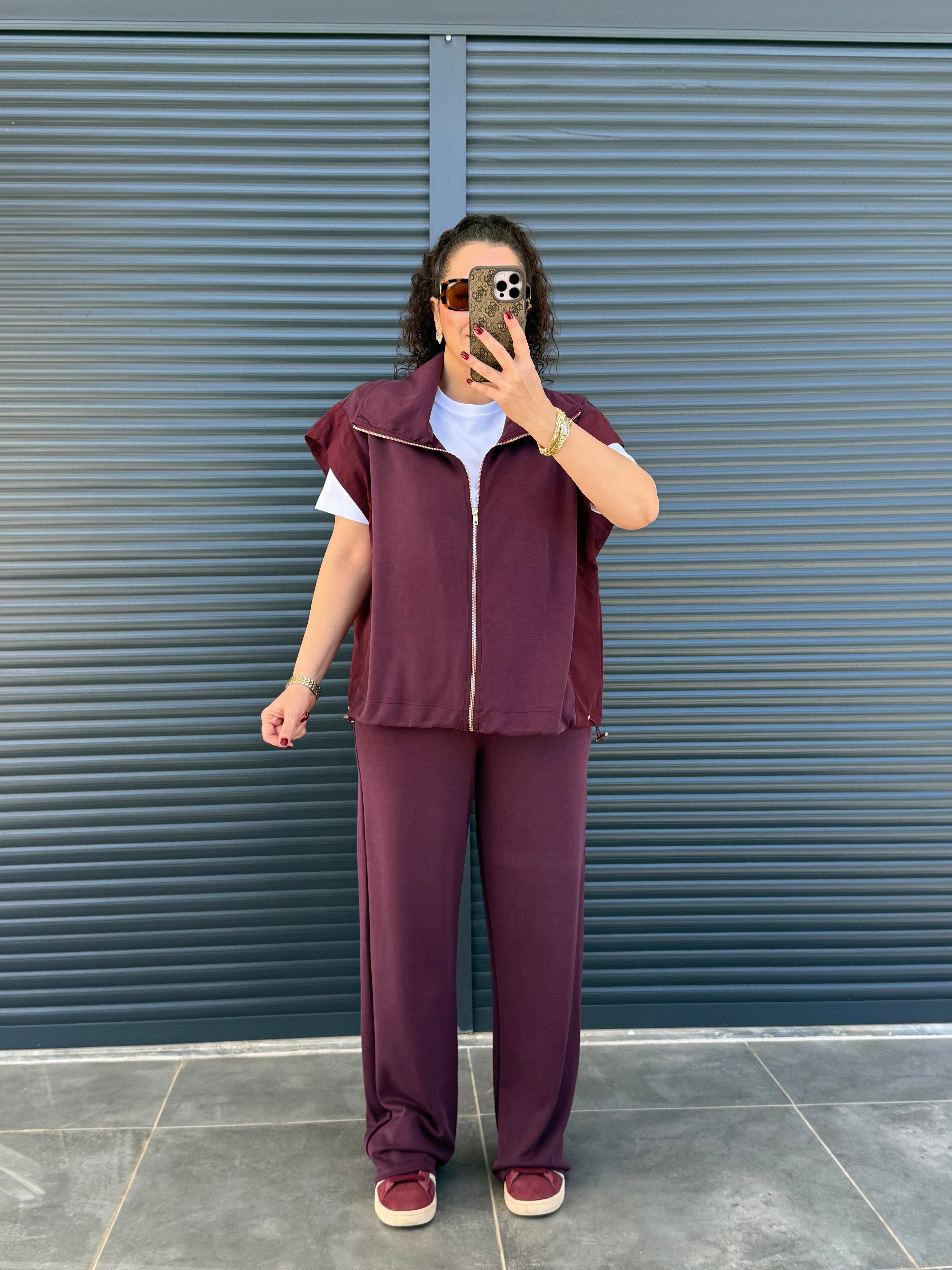 Paraşüt Detaylı Modal Kumaş Yelekli Takım Bordo