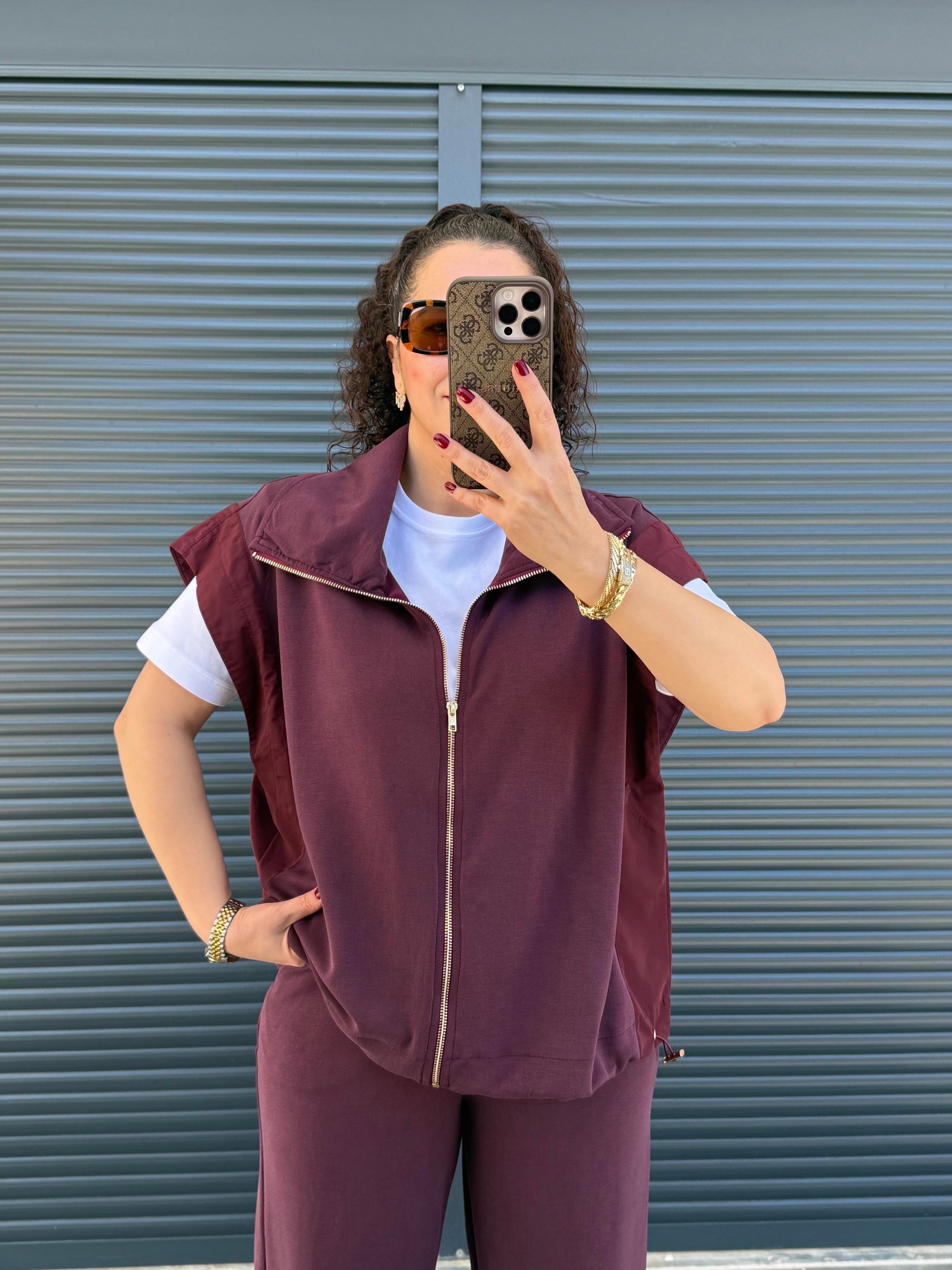 Paraşüt Detaylı Modal Kumaş Yelekli Takım Bordo