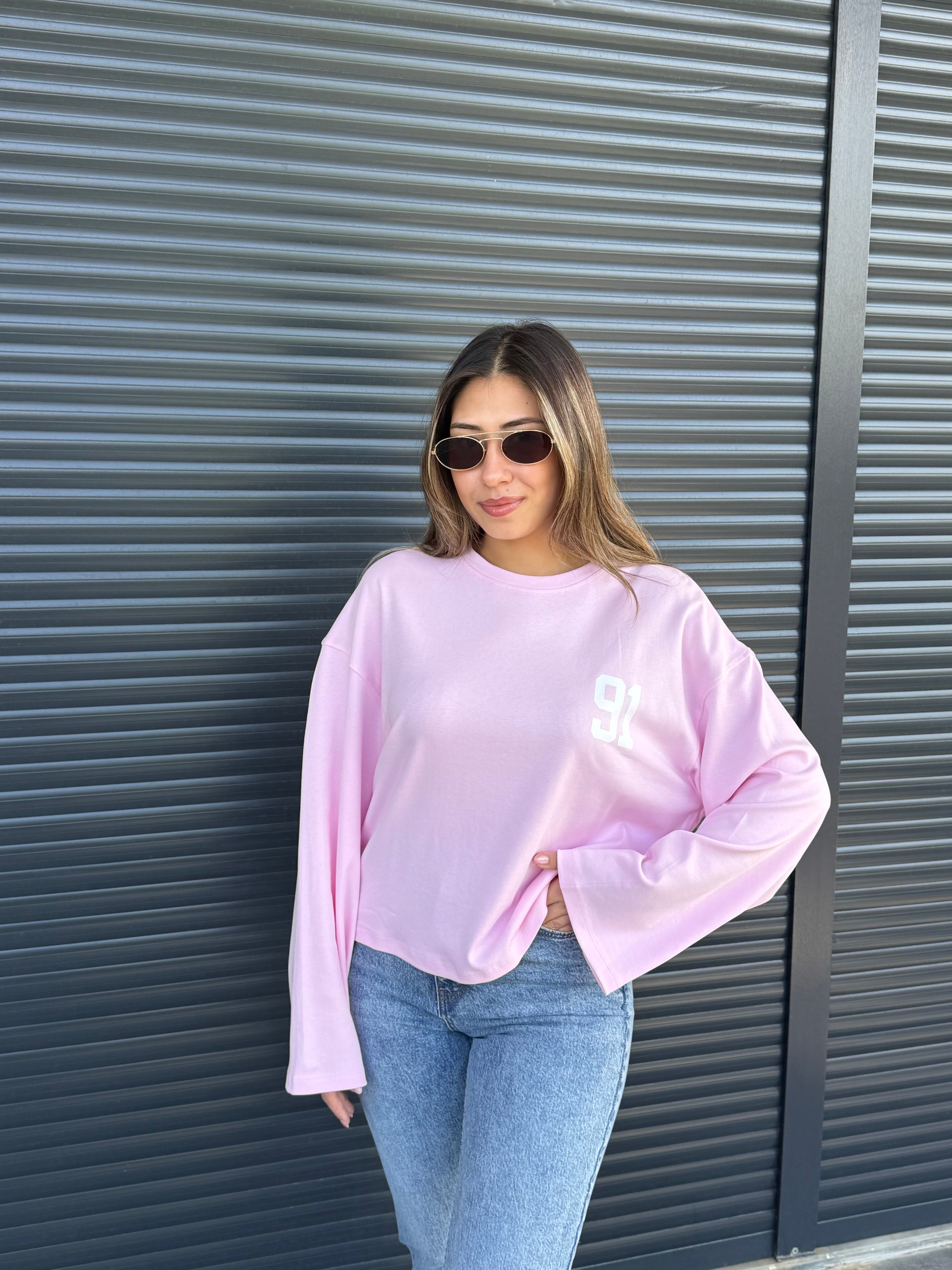 Pembe Rakam Baskılı İnce Sweatshirt