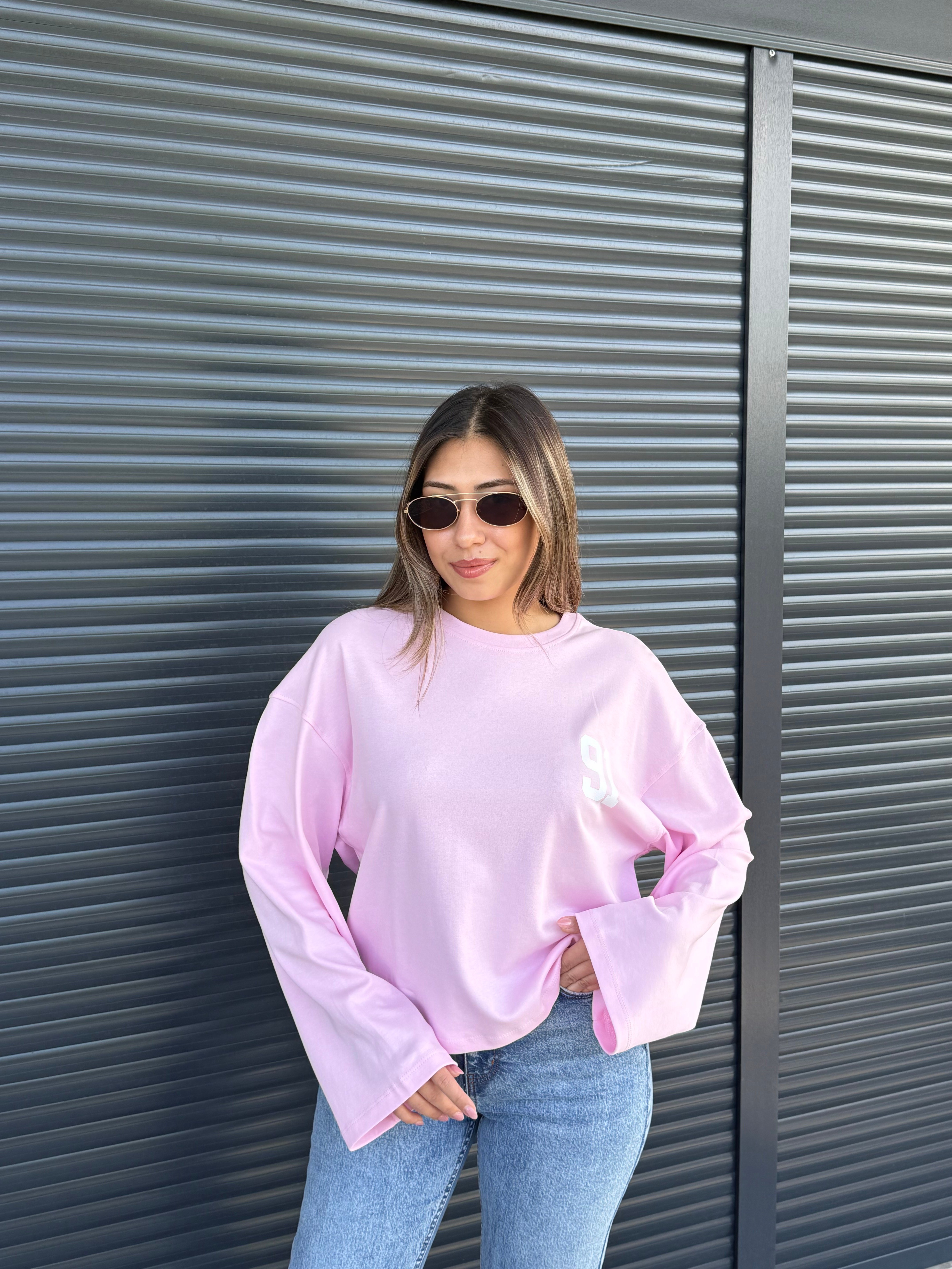 Pembe Rakam Baskılı İnce Sweatshirt