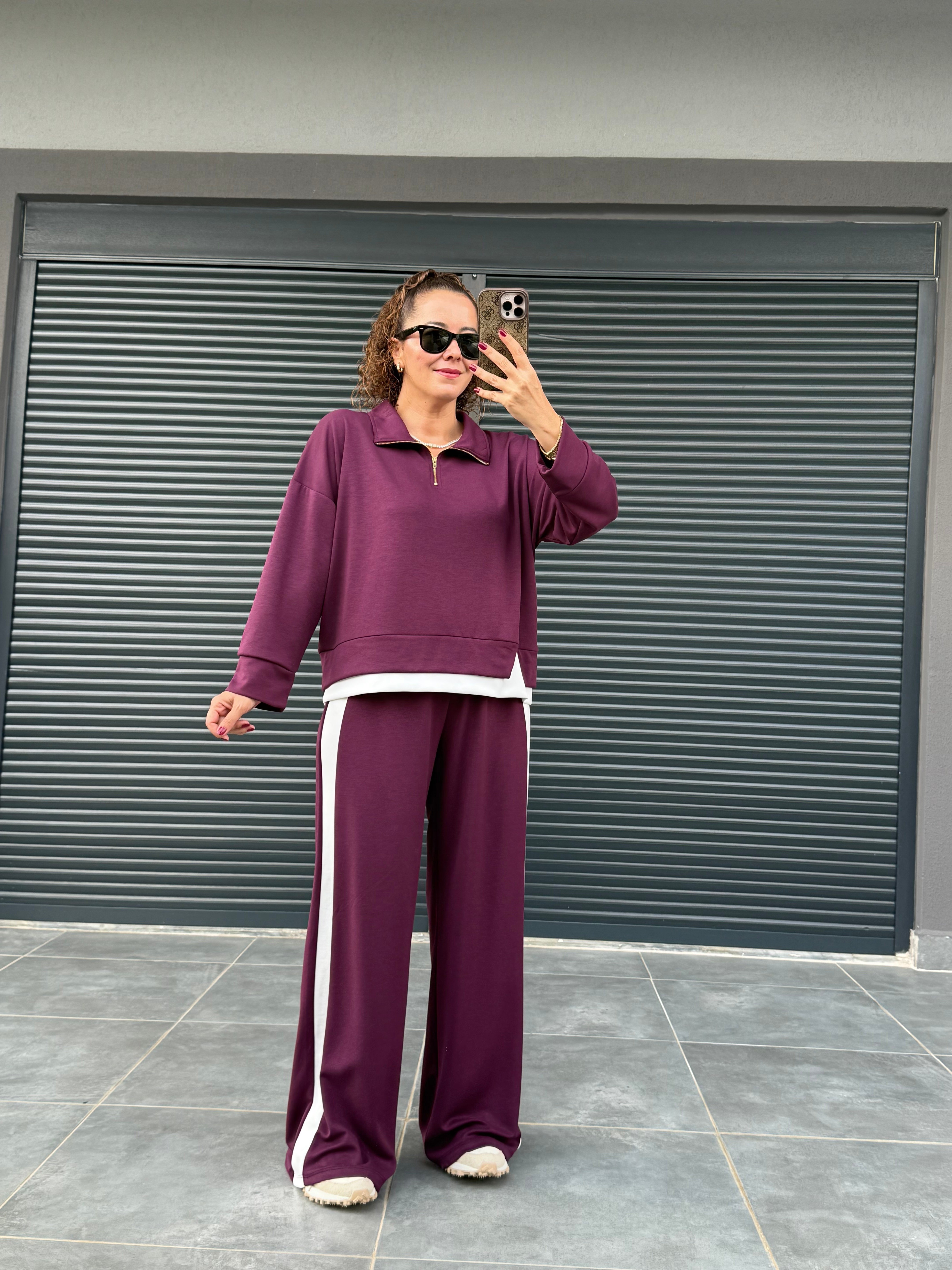 Polo Yaka Garnili Modal Takım Mürdüm