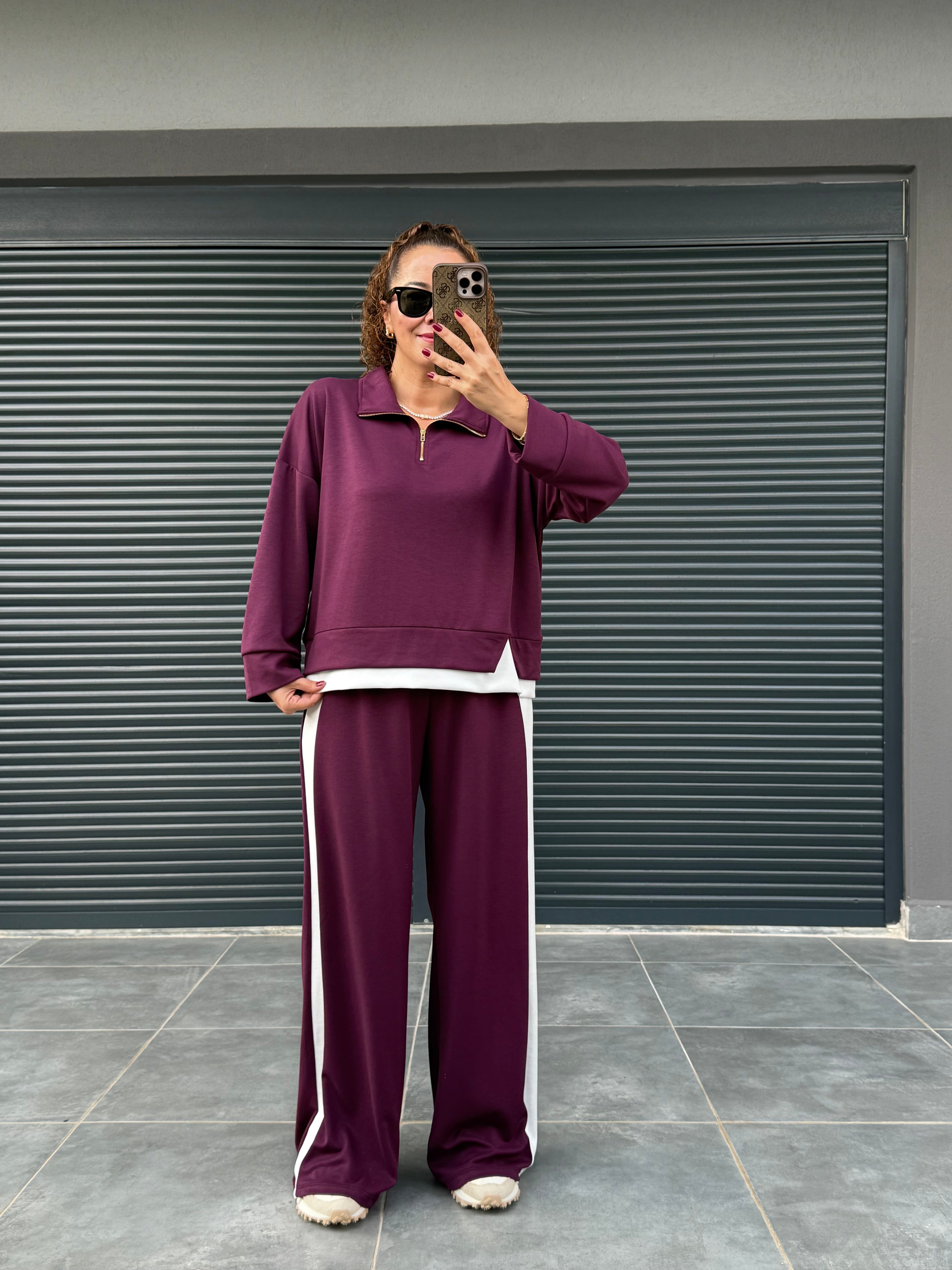 Polo Yaka Garnili Modal Takım Mürdüm
