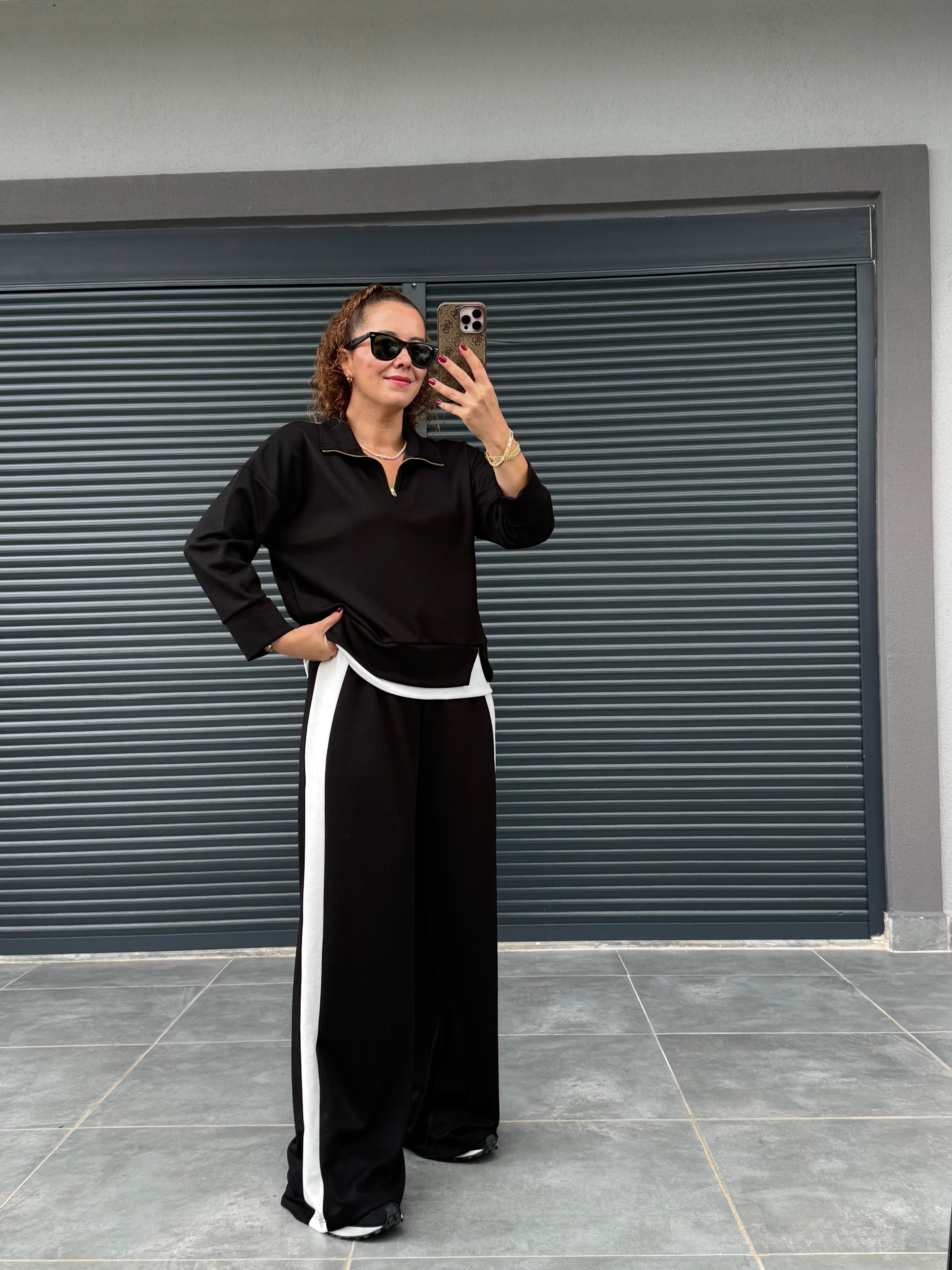 Polo Yaka Garnili Modal Takım Siyah