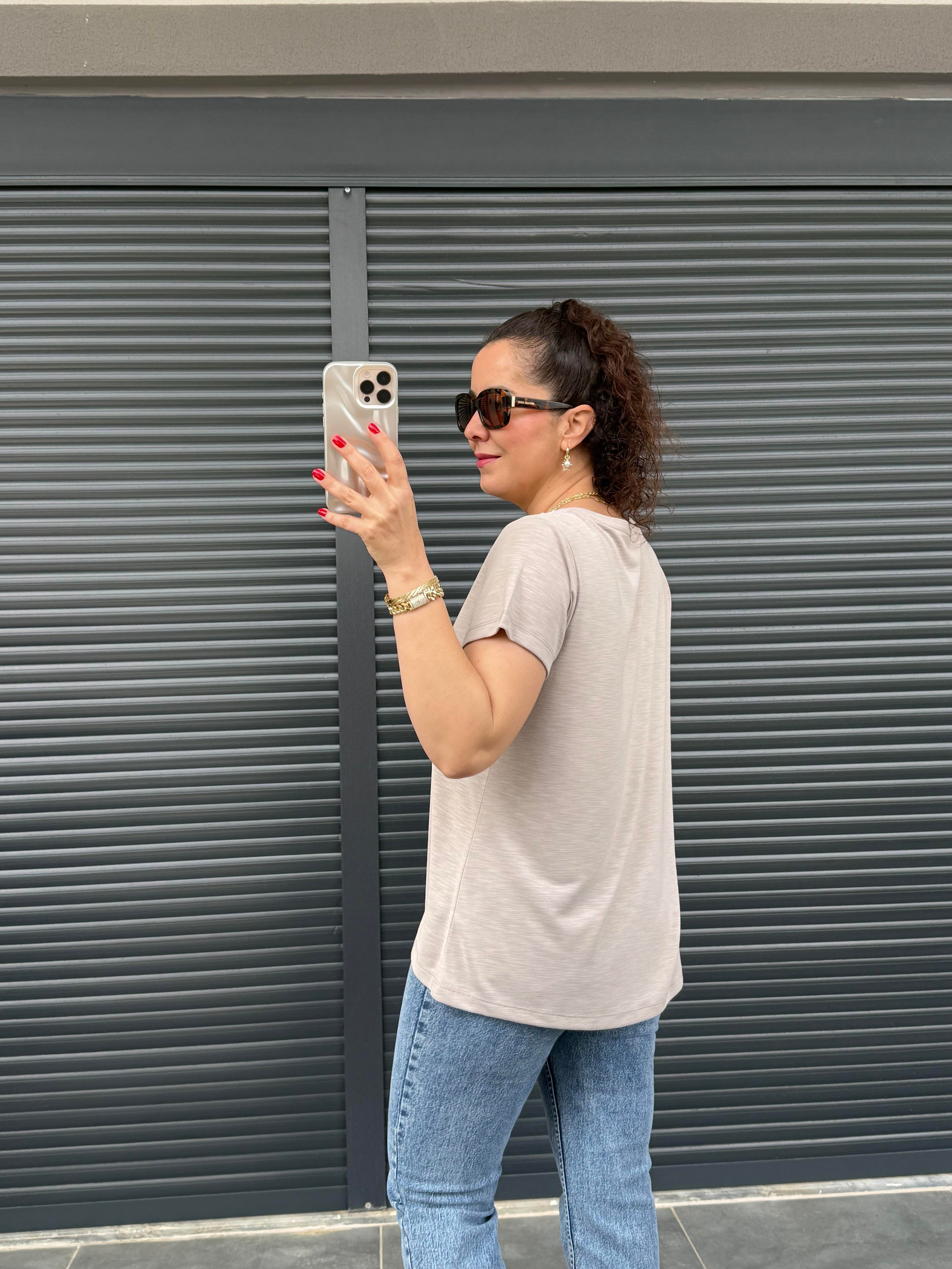 Premiım Bisiklet Yaka Basic T-shirt Bej