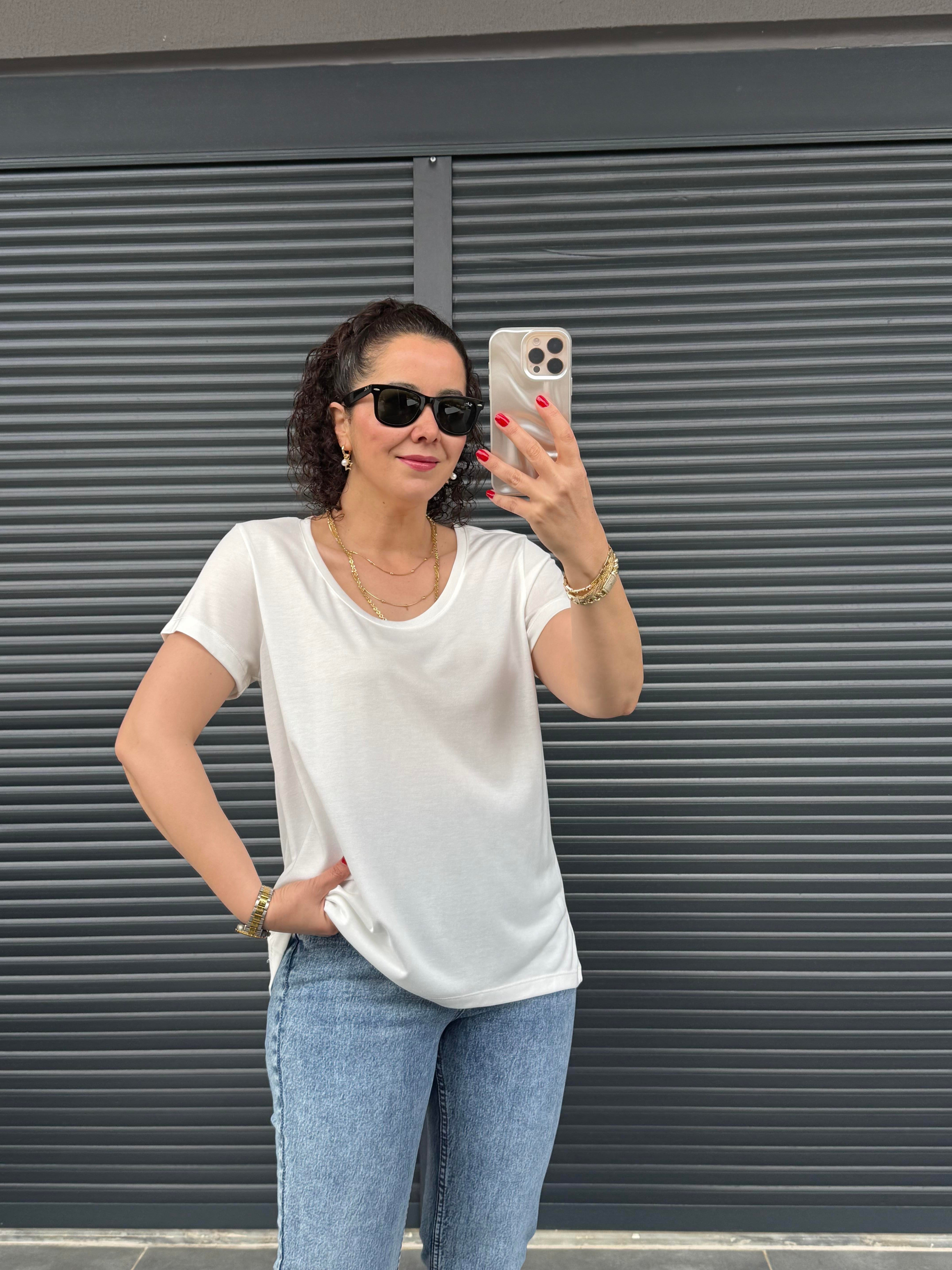 Premiım Bisiklet Yaka Basic T-shirt Ekru