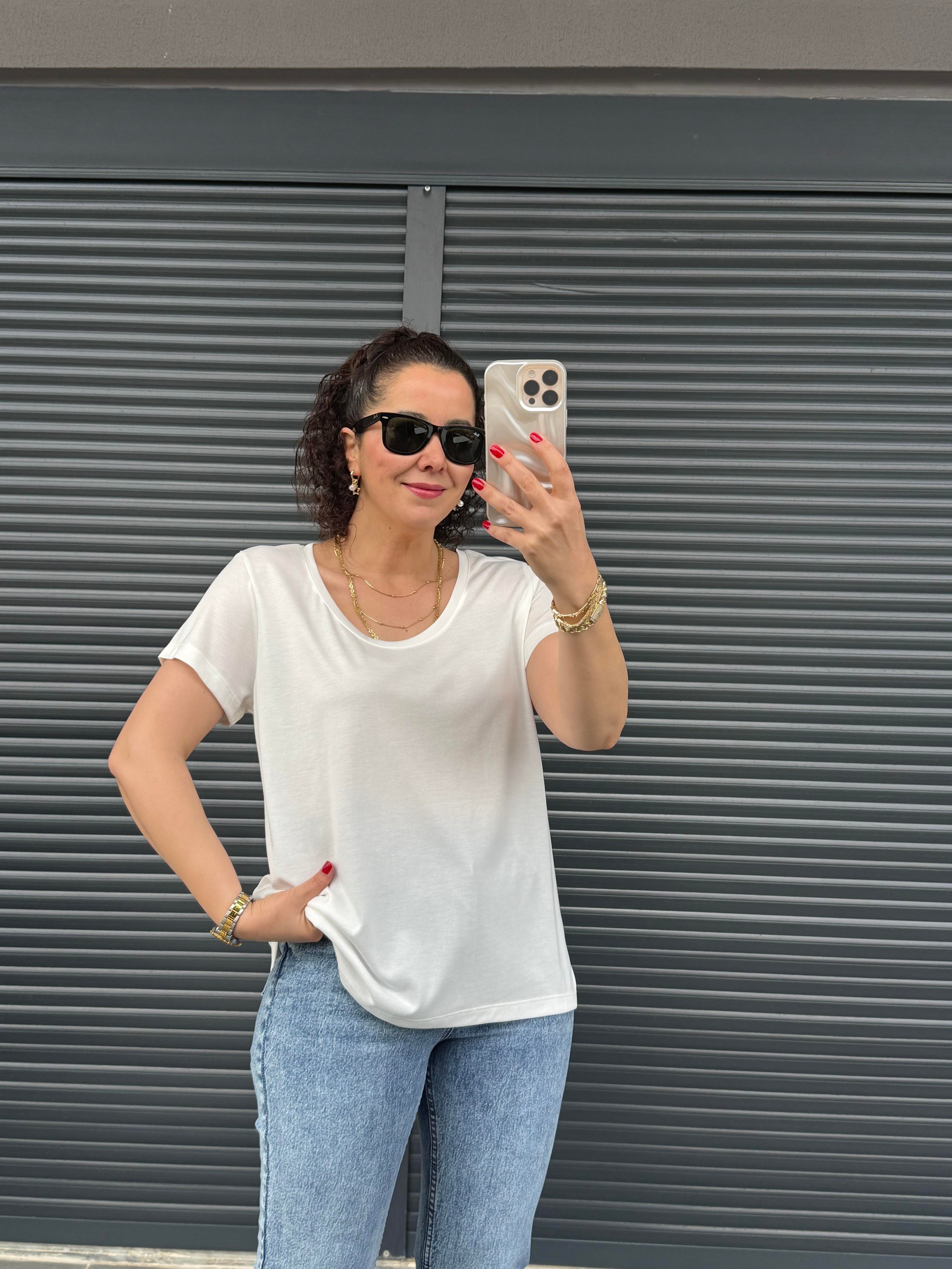 Premiım Bisiklet Yaka Basic T-shirt Ekru