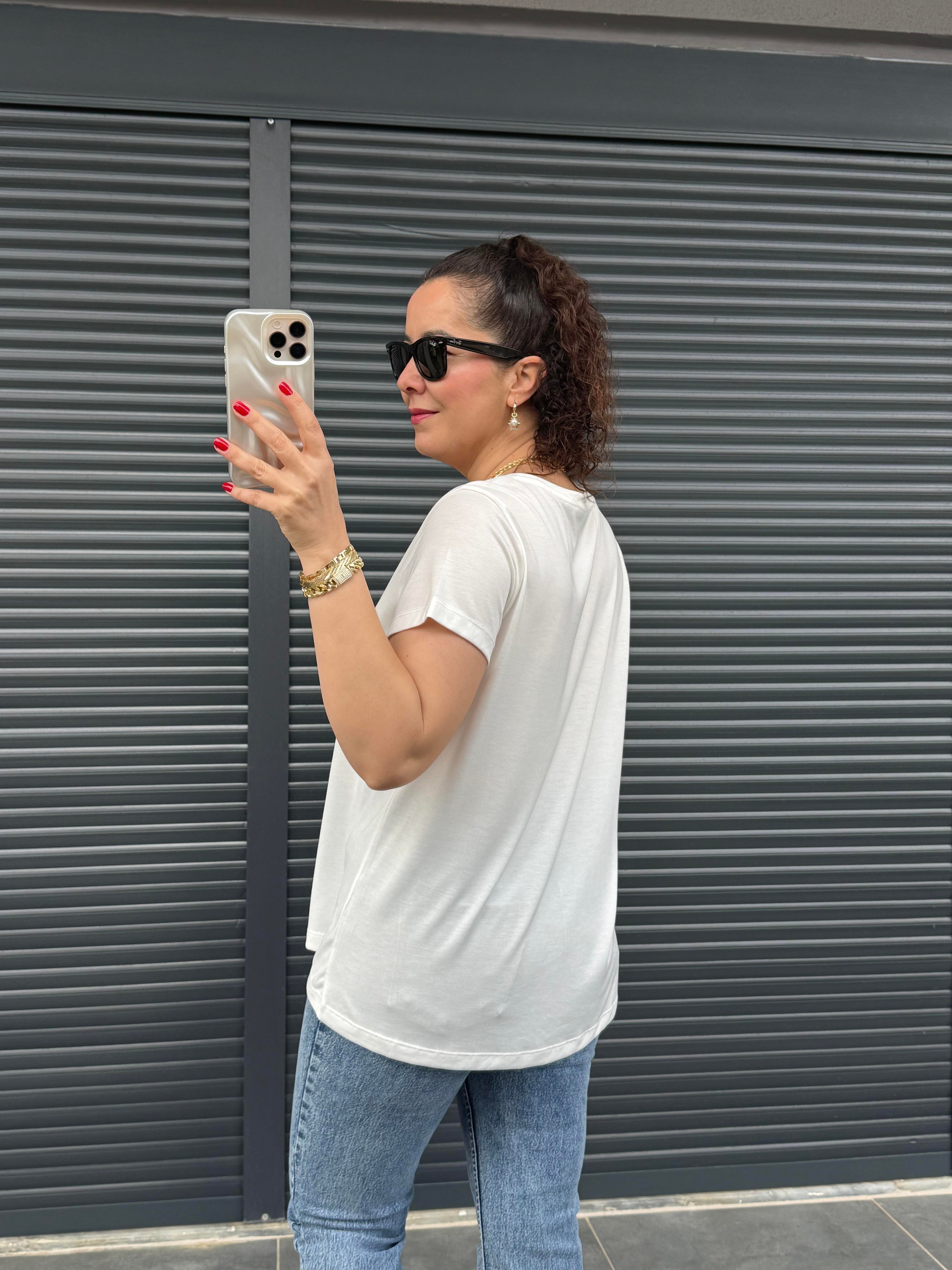 Premiım Bisiklet Yaka Basic T-shirt Ekru