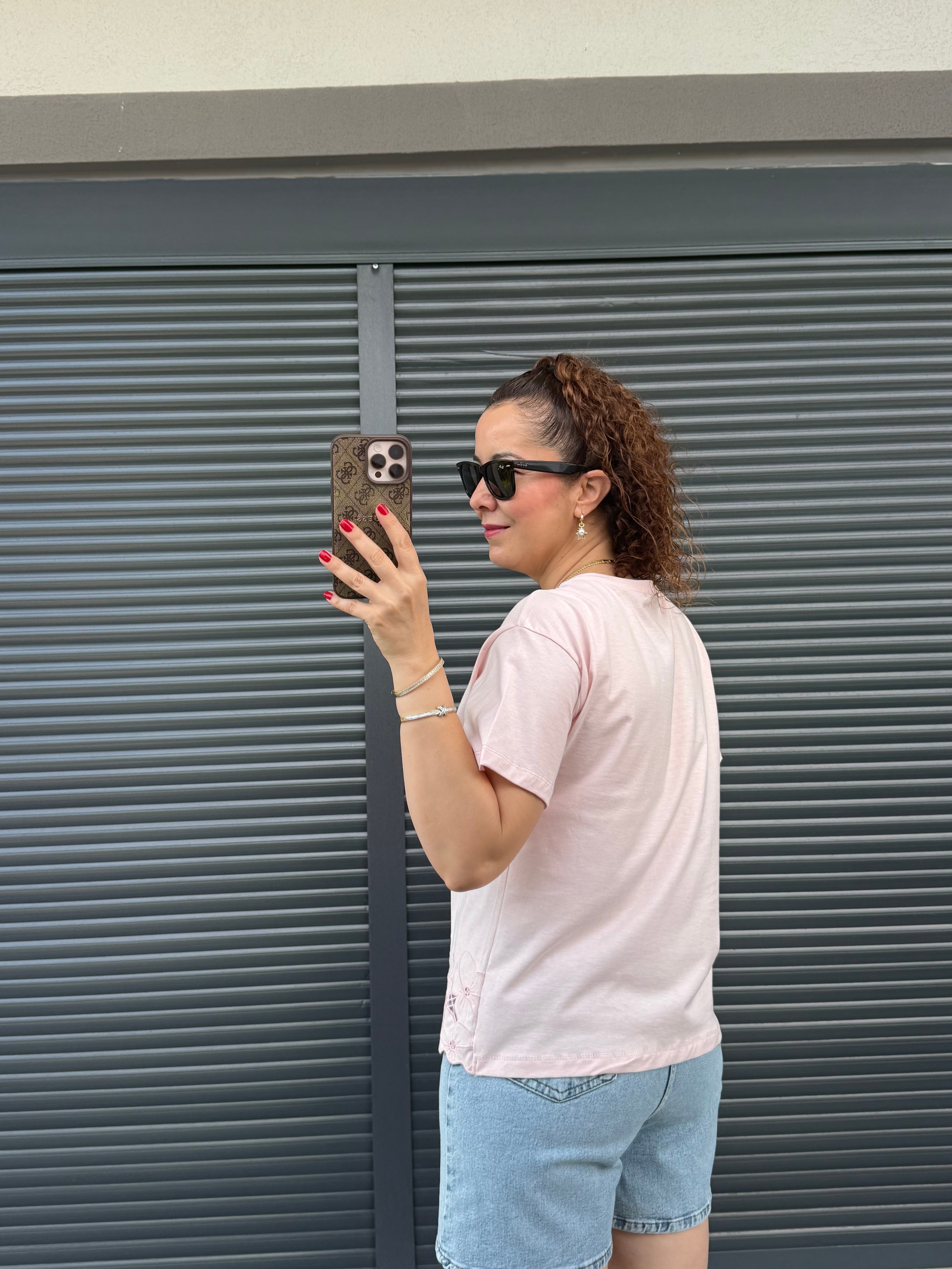 Premium Çiçek Güpür Detaylı T-shirt Pembe