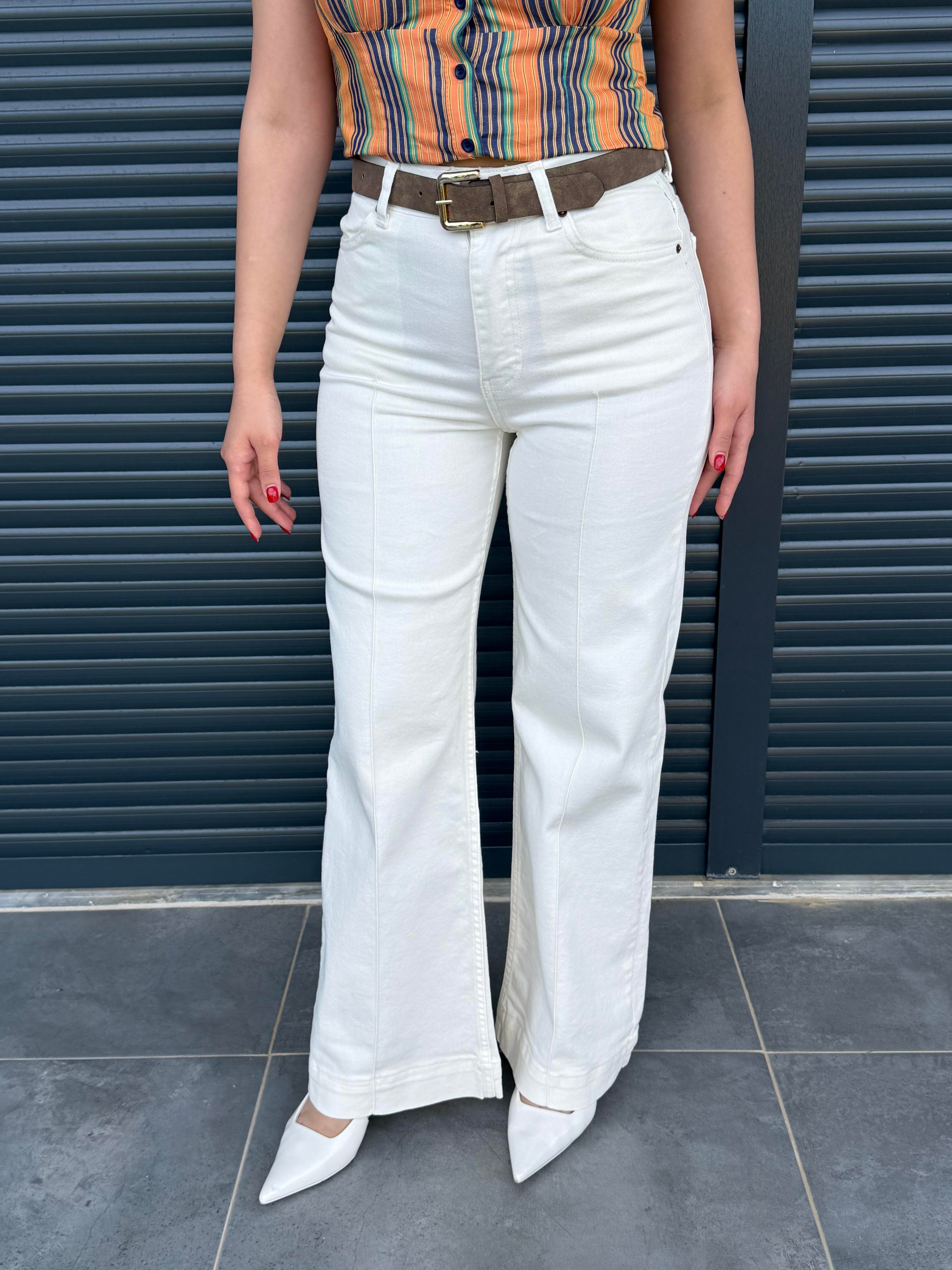 Premium Çimalı Kemerli Jean Bej