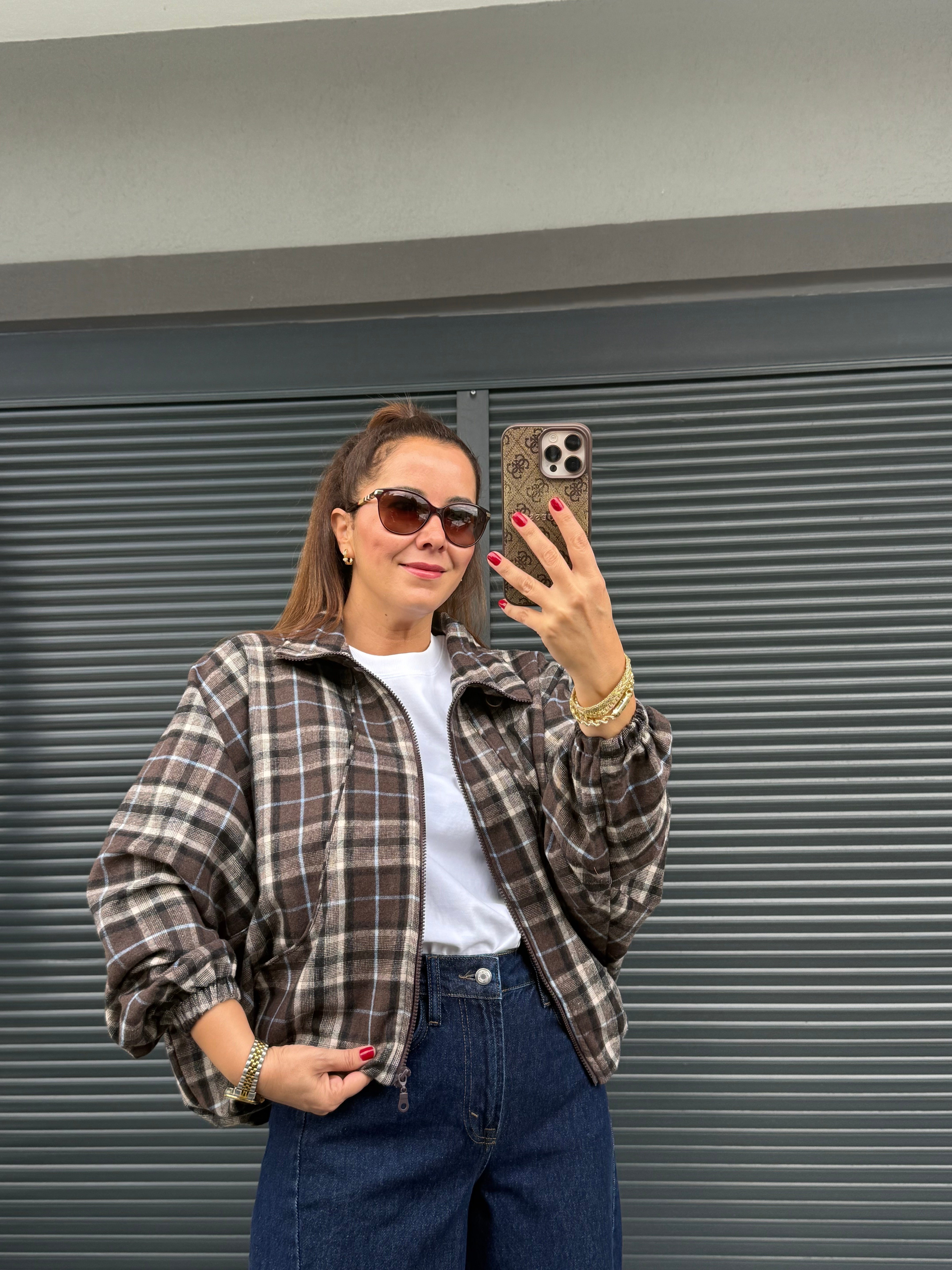 Premium Ekose Desen Bomber Ceket Kahverengi
