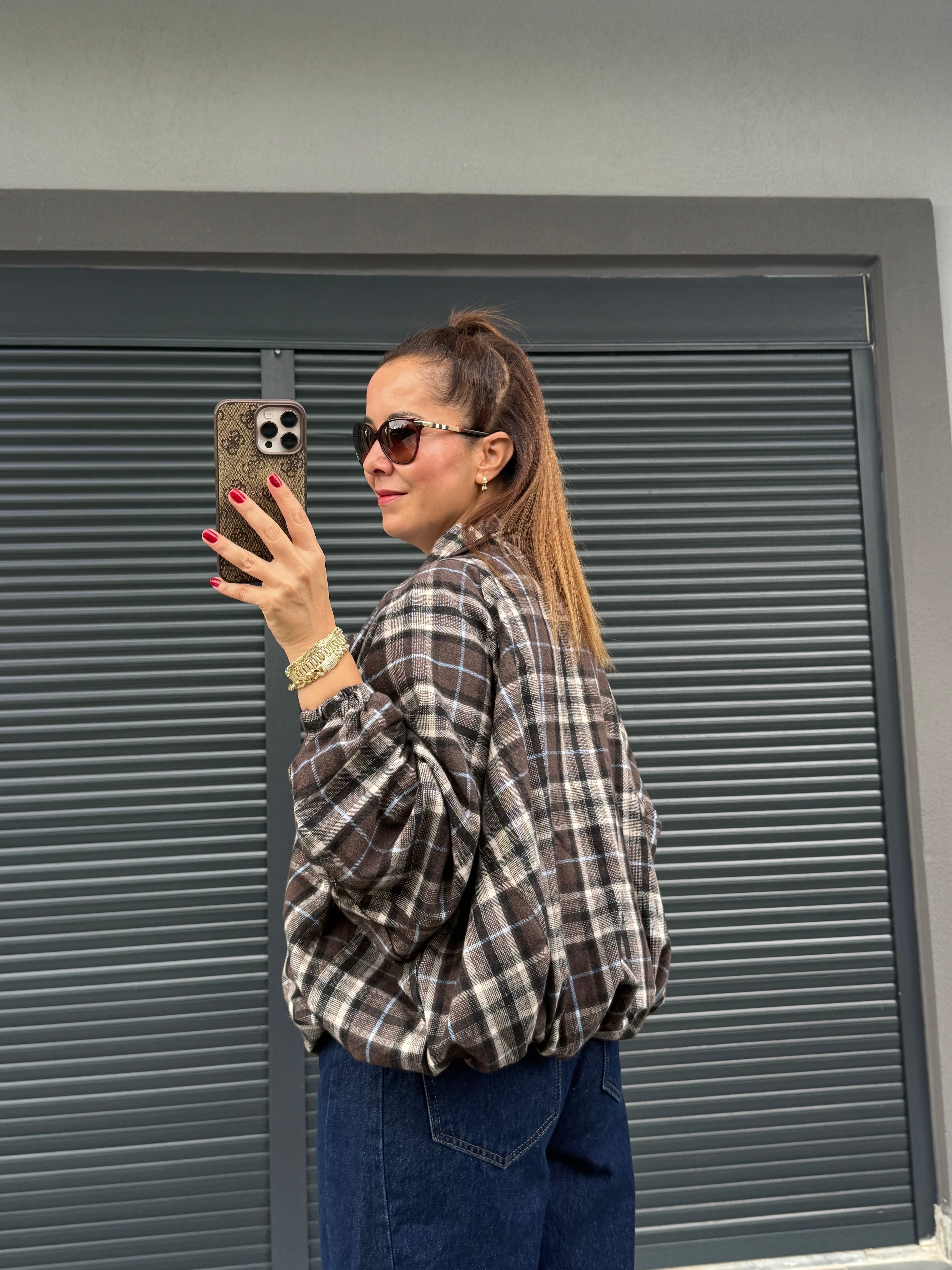 Premium Ekose Desen Bomber Ceket Kahverengi