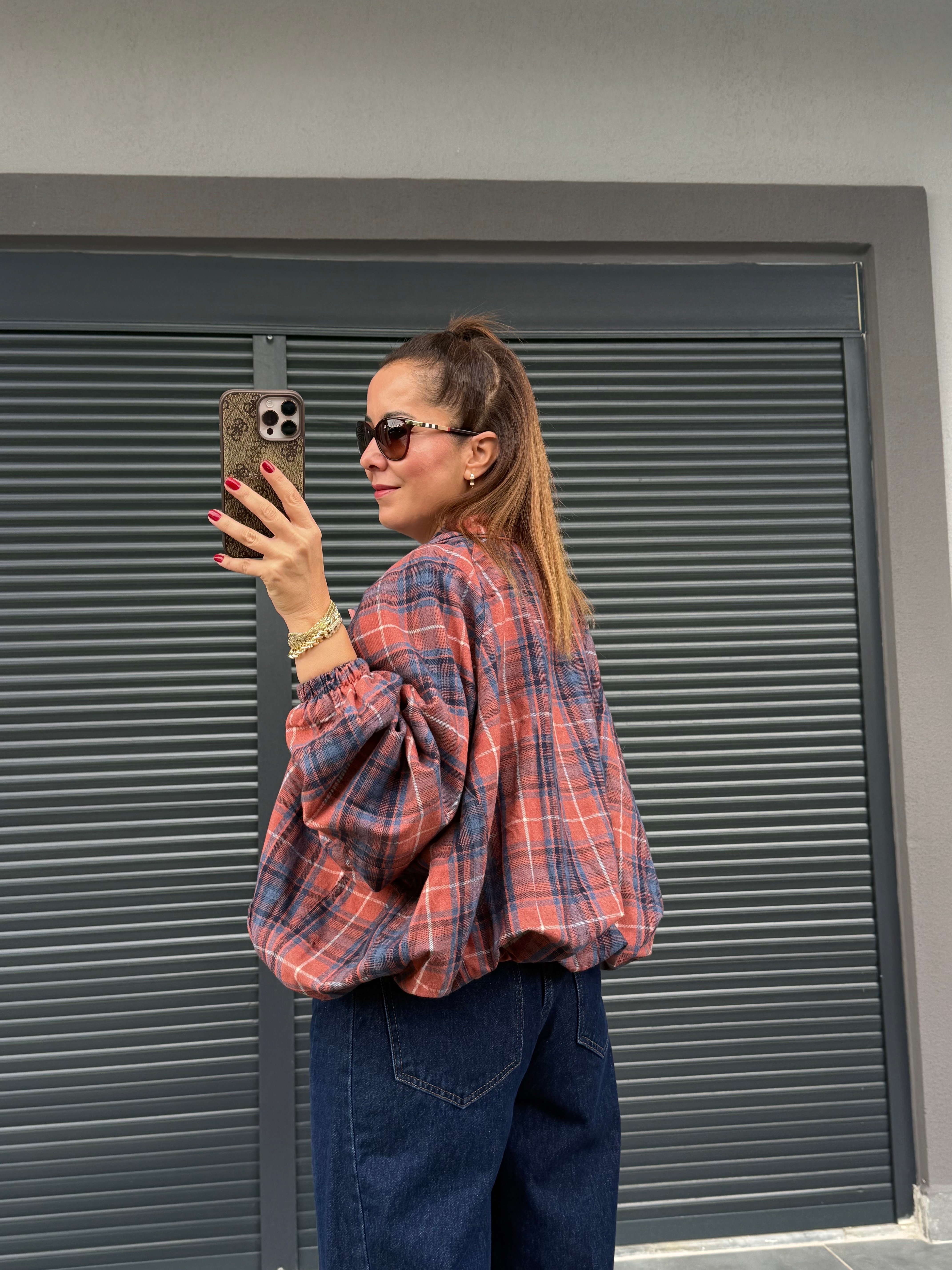 Premium Ekose Desen Bomber Ceket Kiremit