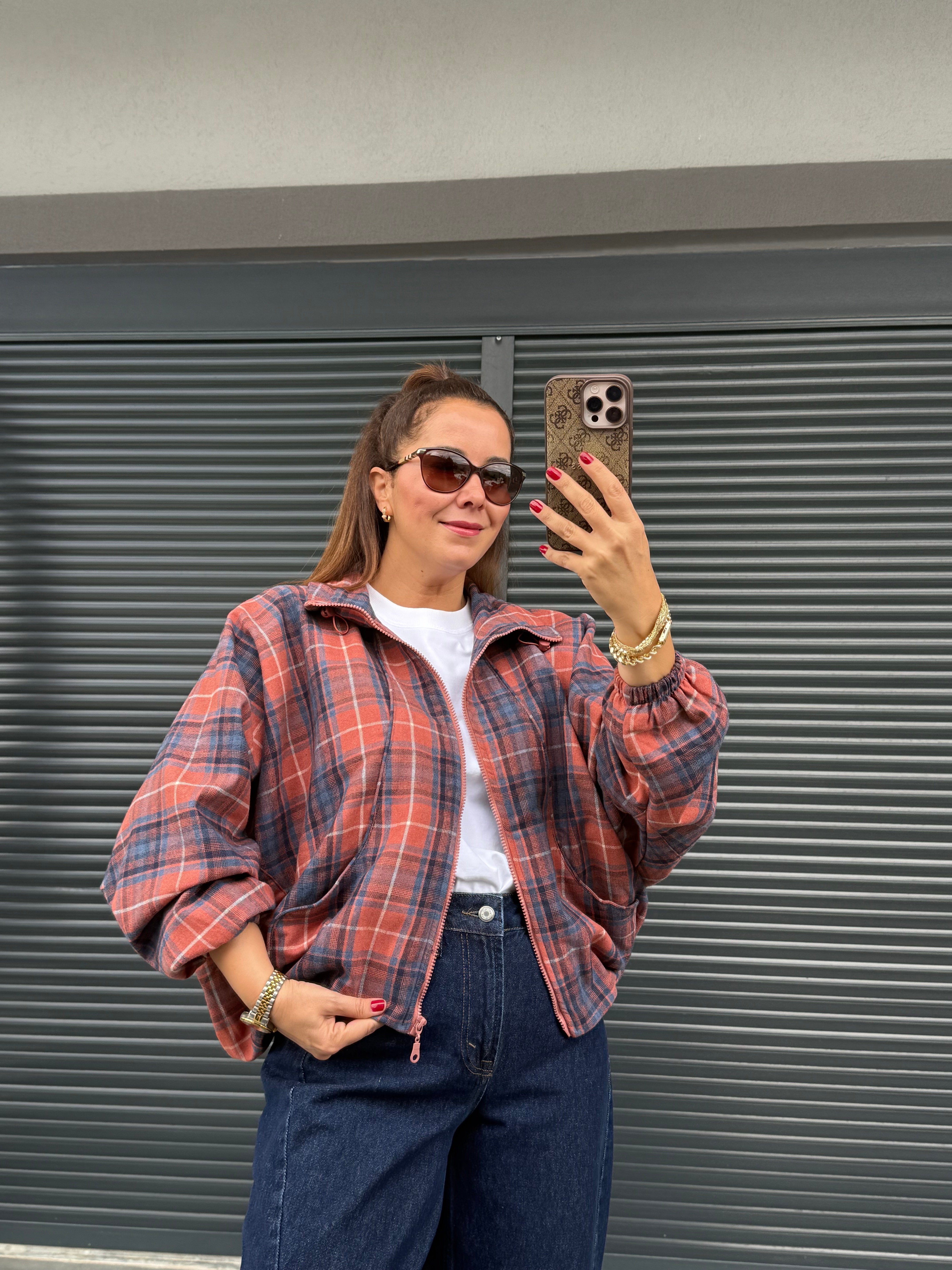 Premium Ekose Desen Bomber Ceket Kiremit