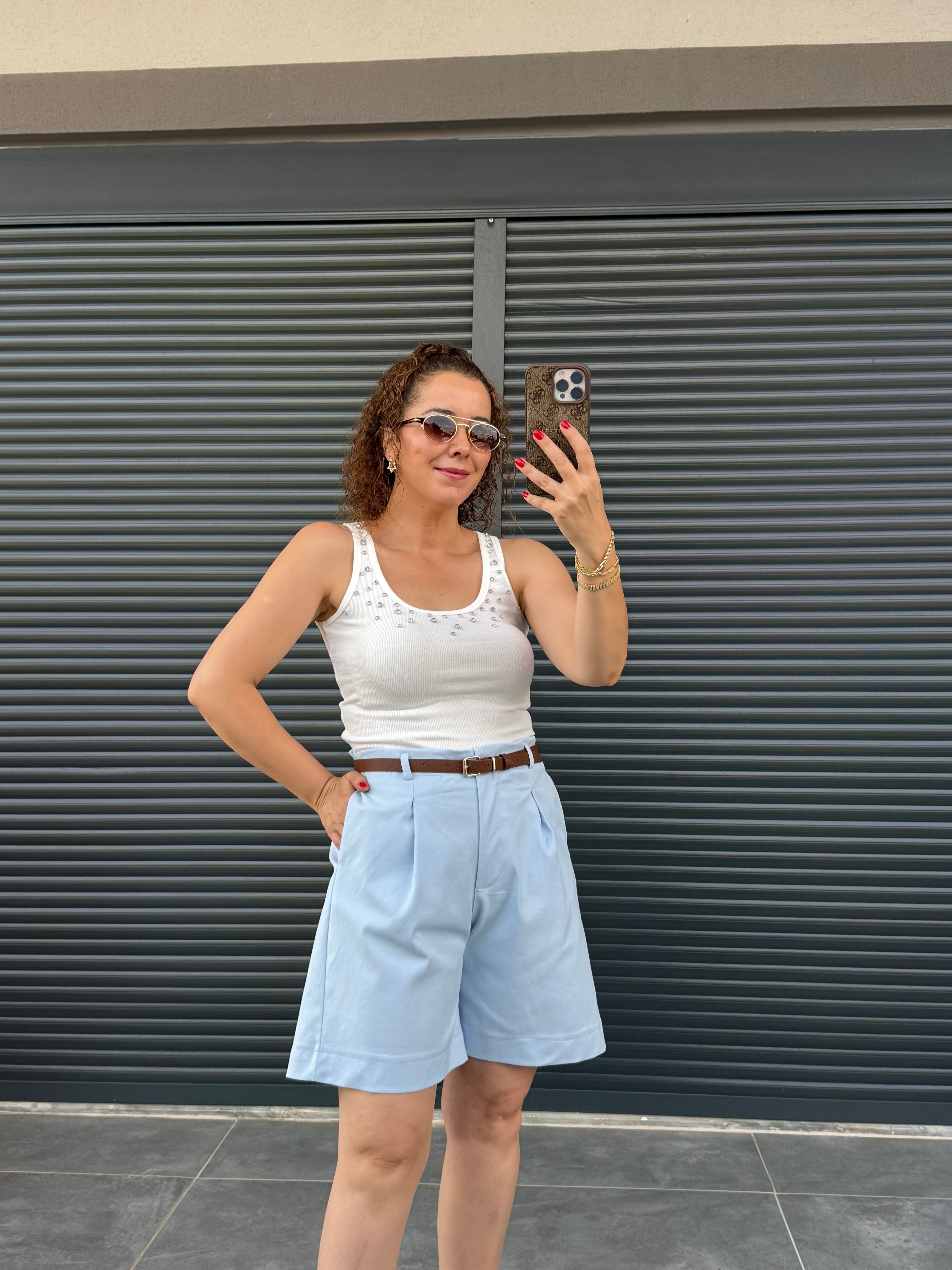 Premium Kemerli Arka Beli Lastikli Şort Bebe Mavi