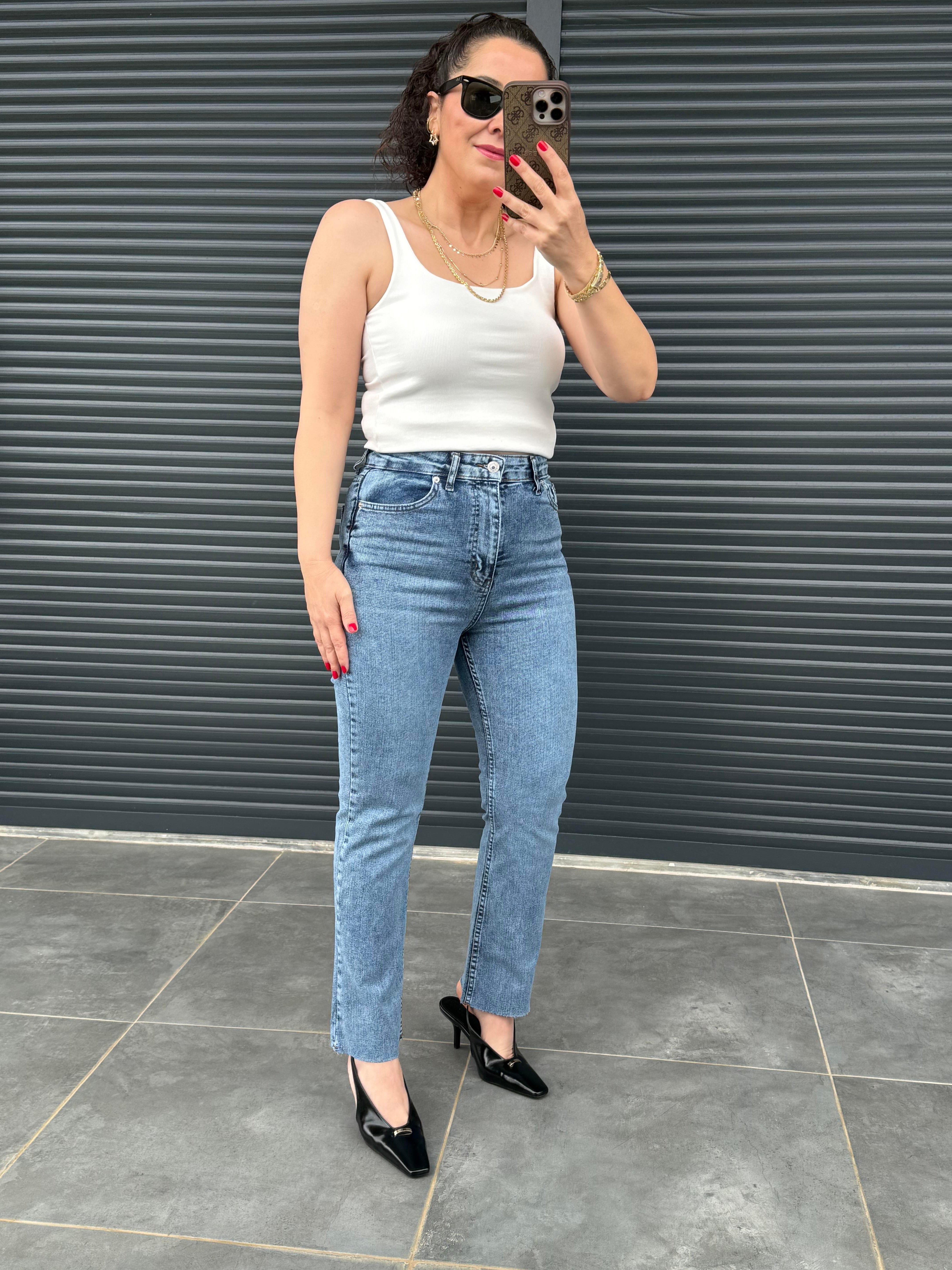 Premium Kesik Paça Boy Fit Jean Açık Mavi