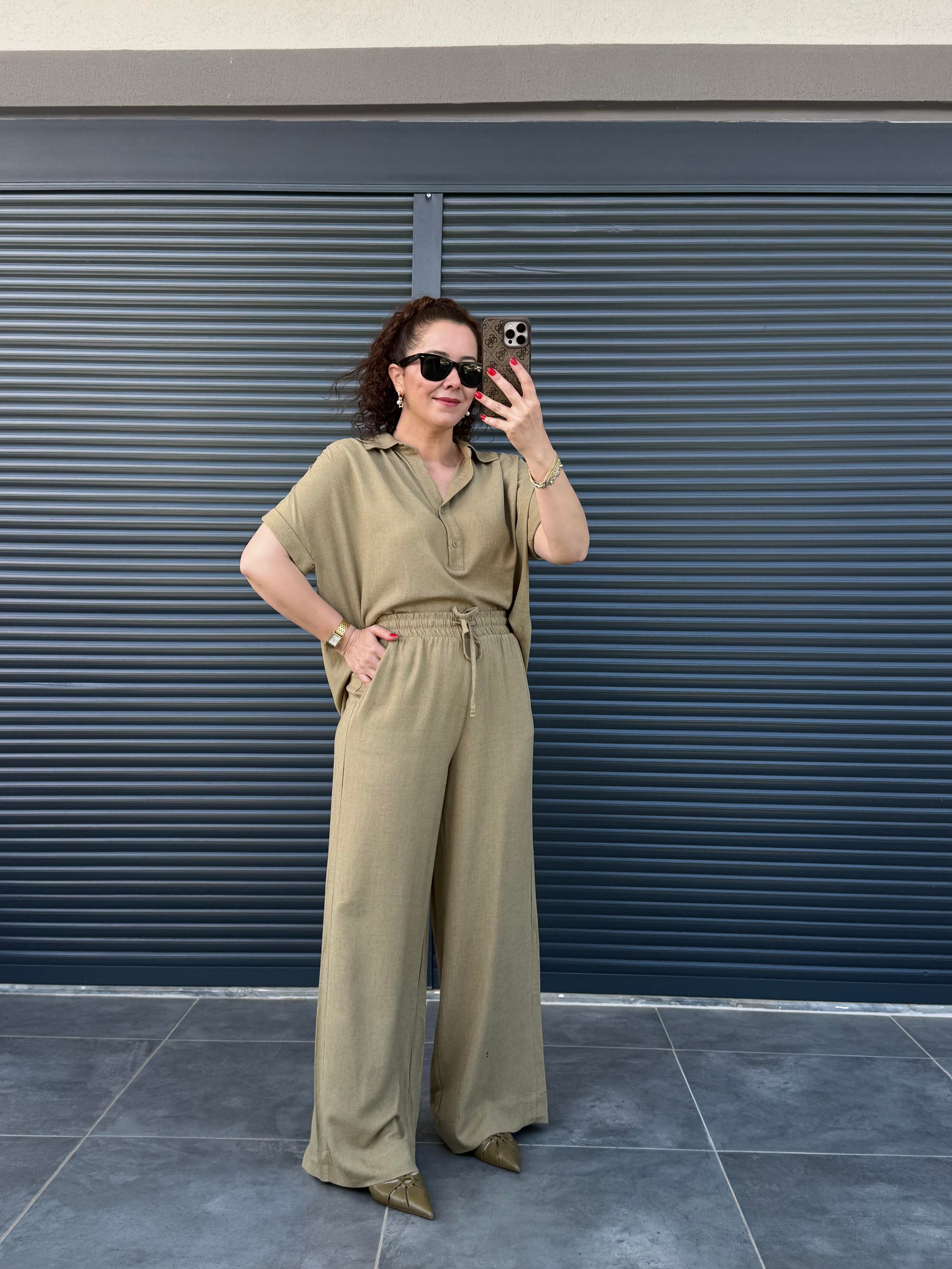 Premium Keten Bluz Pantolon Takım Haki
