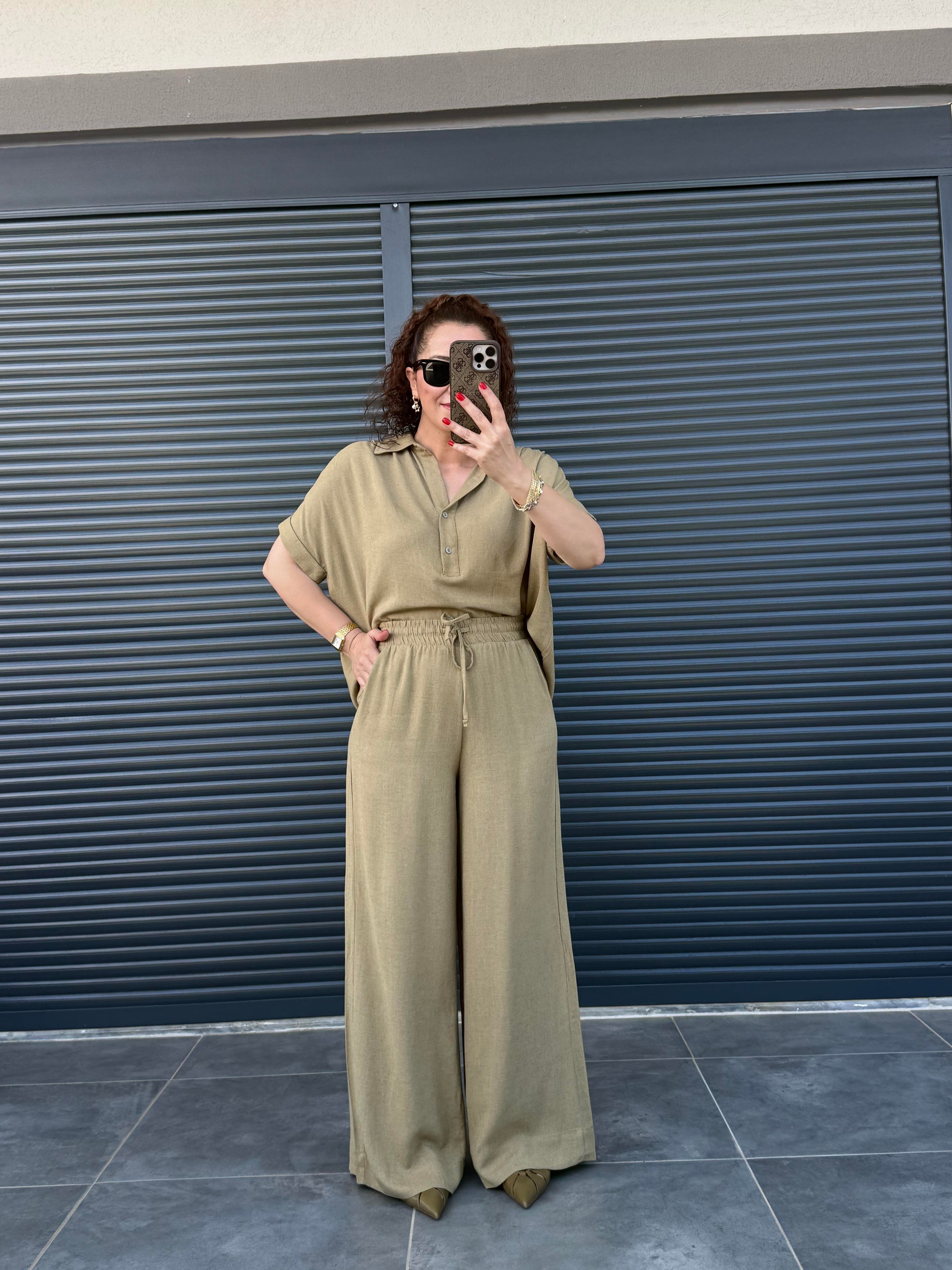 Premium Keten Bluz Pantolon Takım Haki
