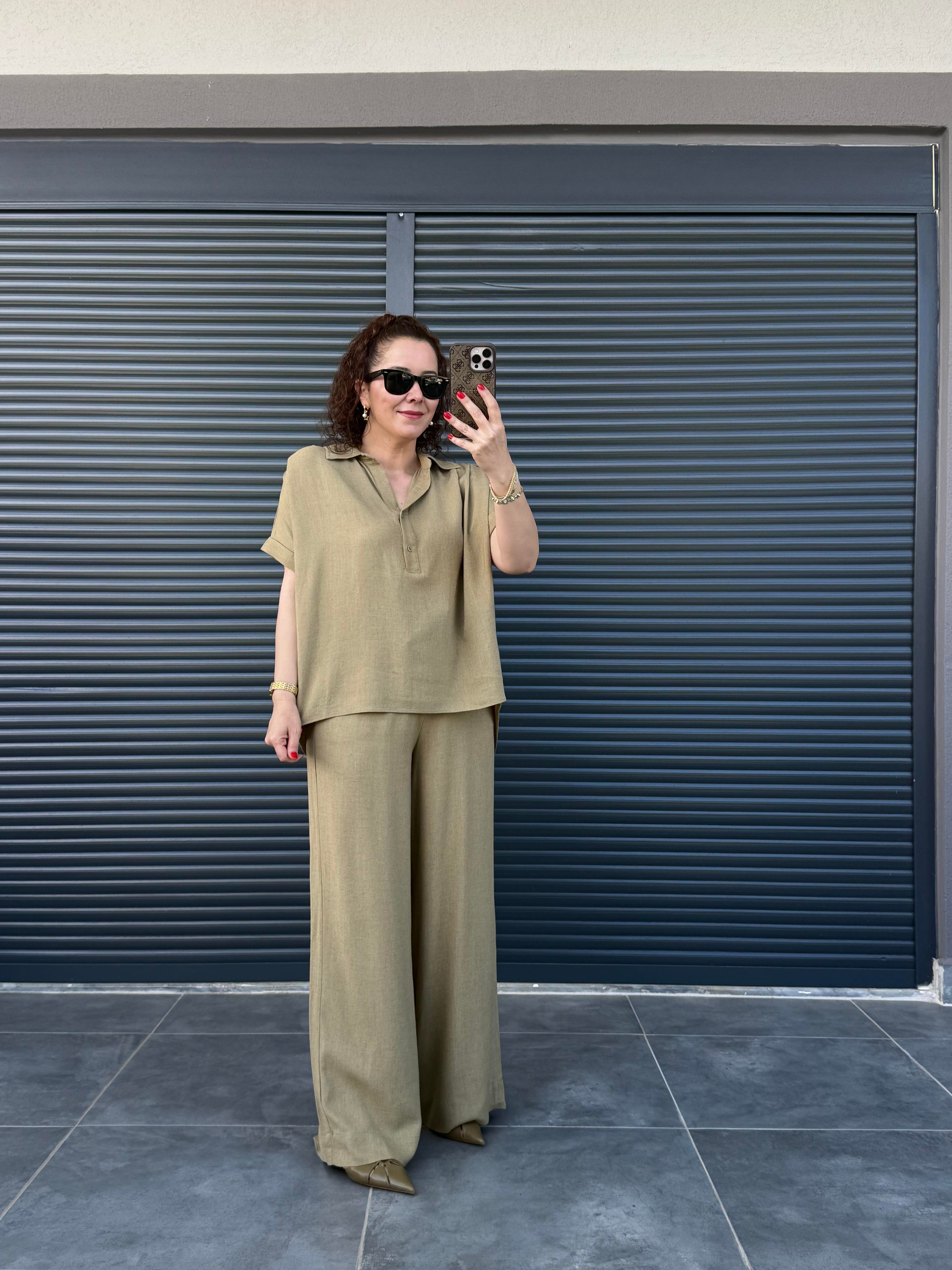 Premium Keten Bluz Pantolon Takım Haki