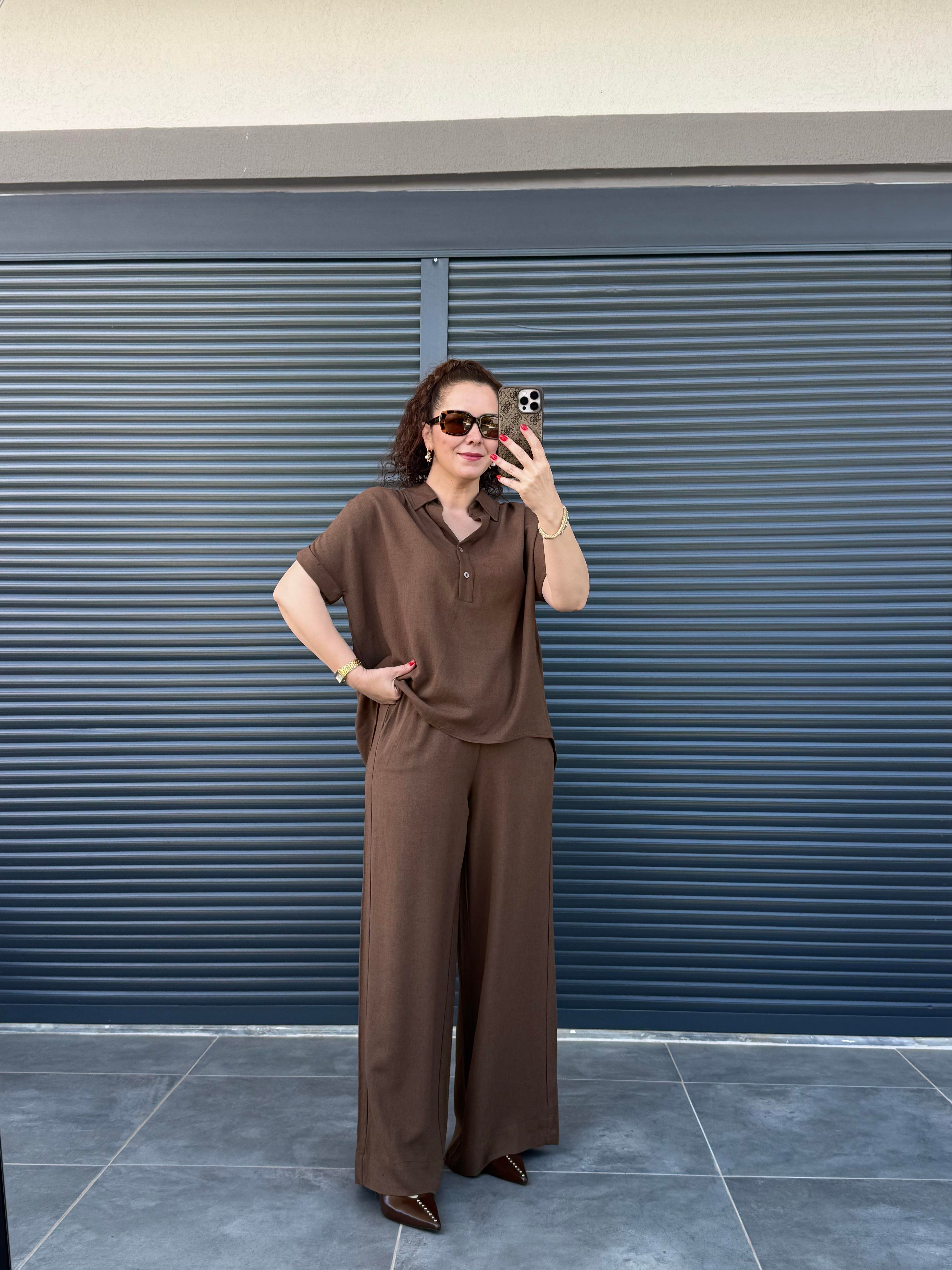Premium Keten Bluz Pantolon Takım Kahverengi