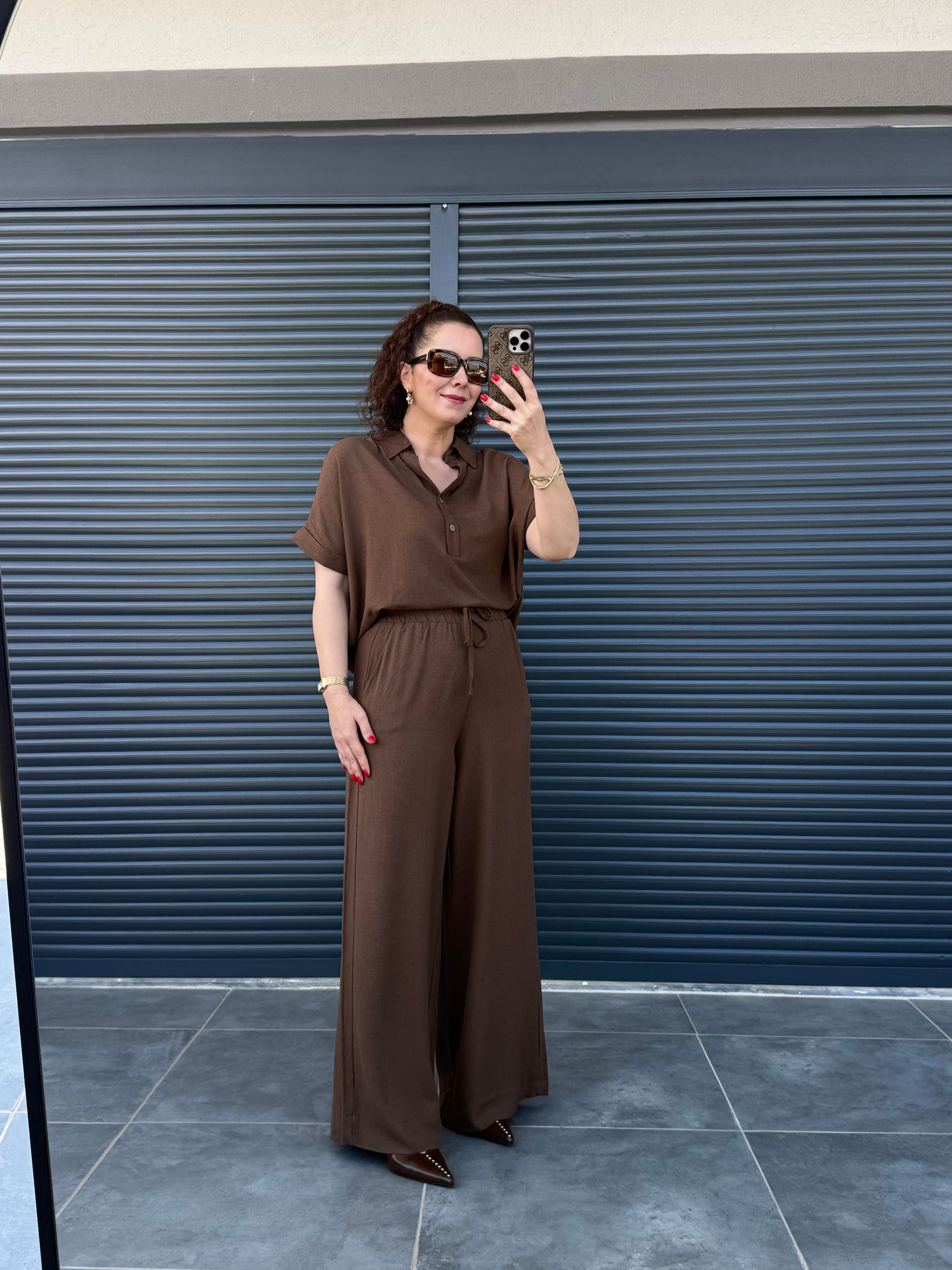 Premium Keten Bluz Pantolon Takım Kahverengi