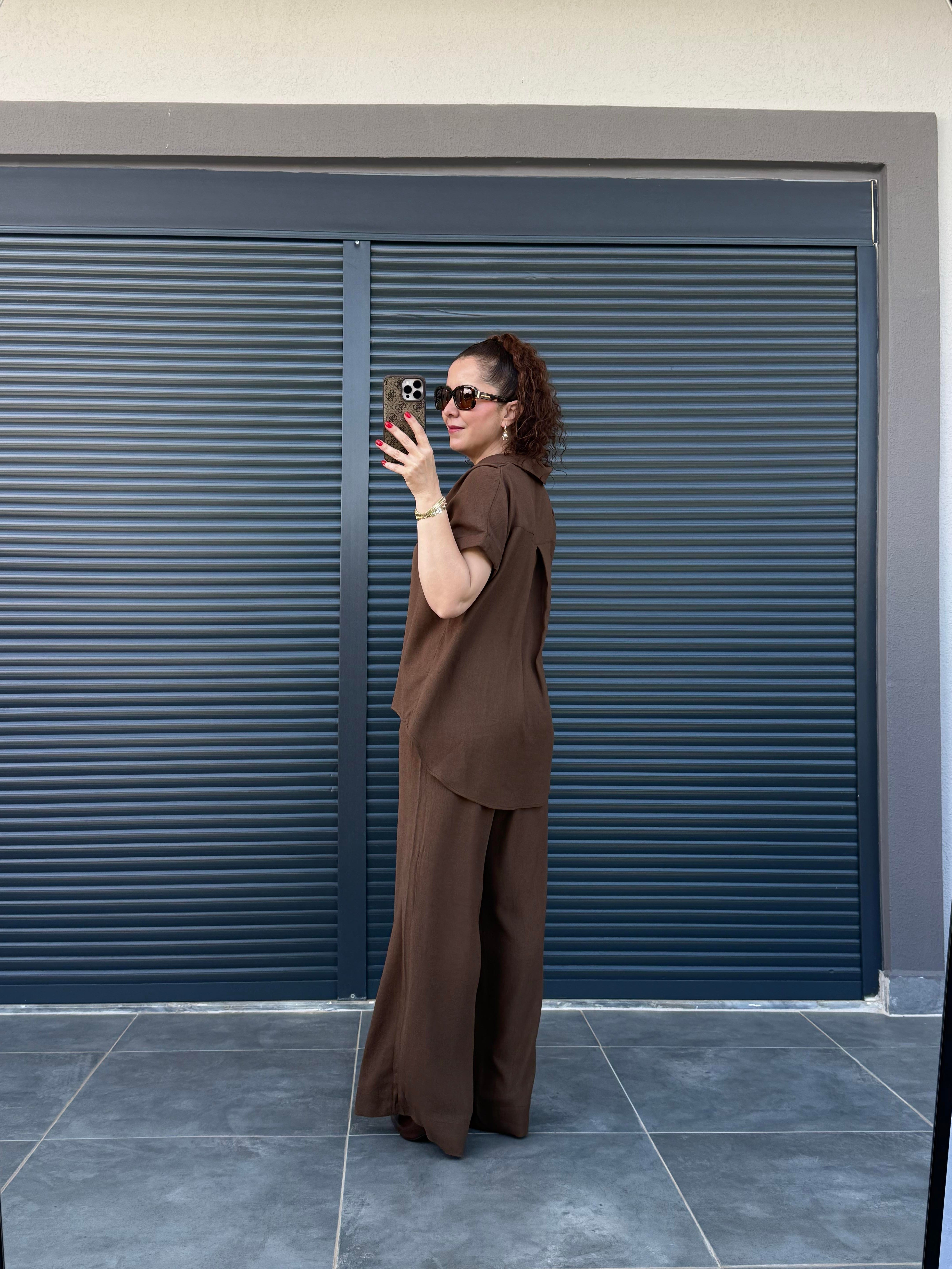 Premium Keten Bluz Pantolon Takım Kahverengi