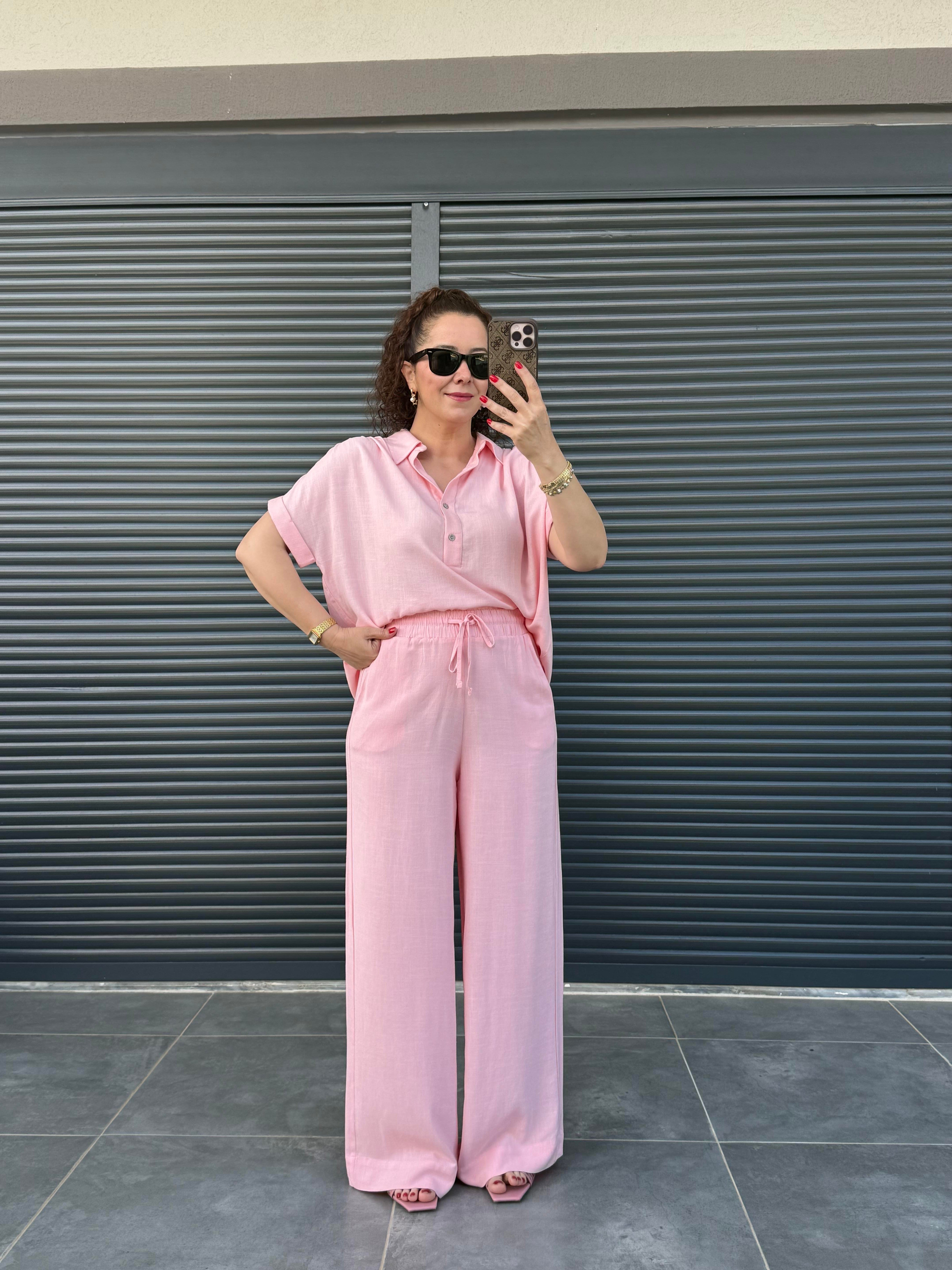 Premium Keten Bluz Pantolon Takım Pembe