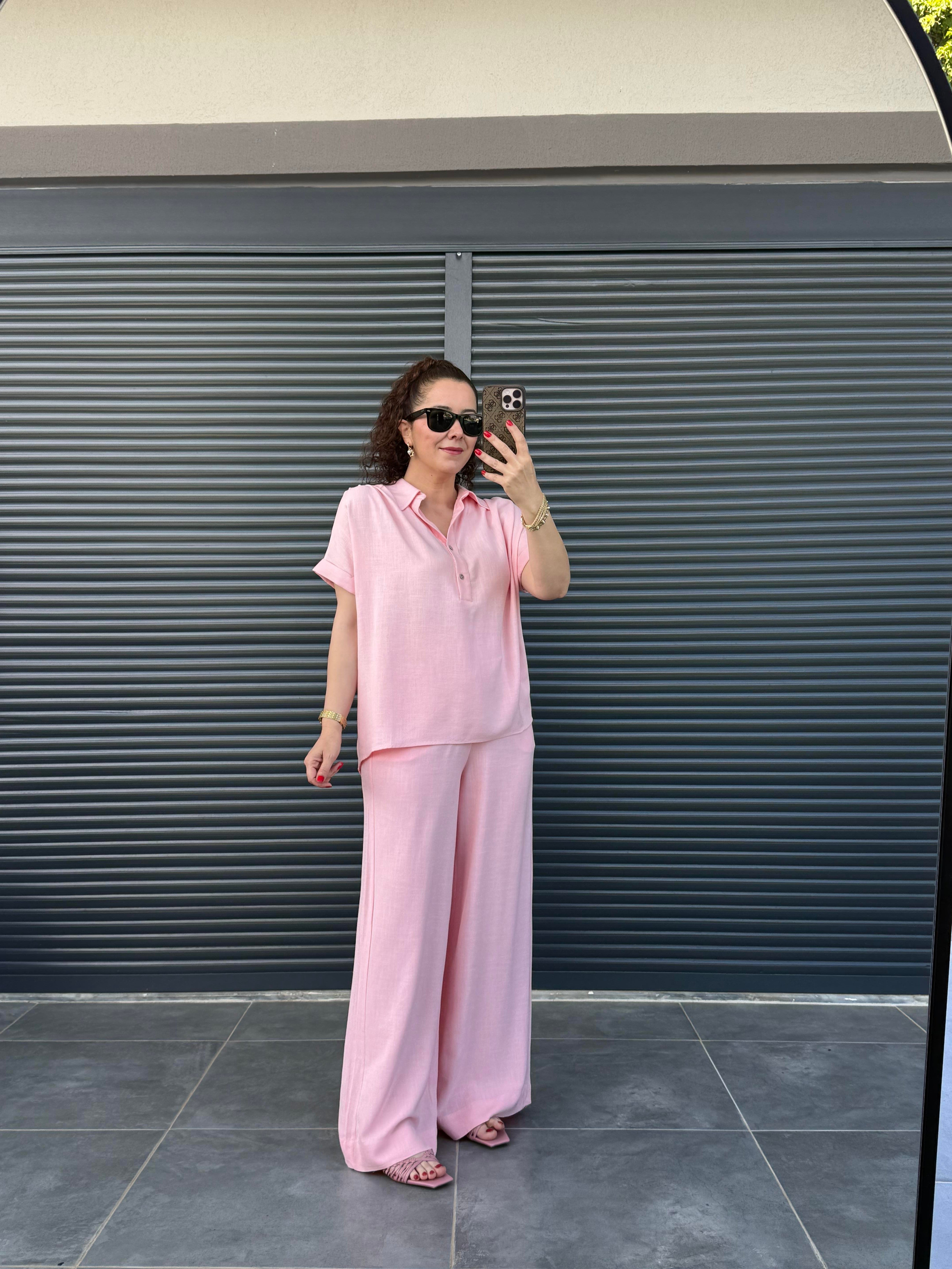 Premium Keten Bluz Pantolon Takım Pembe