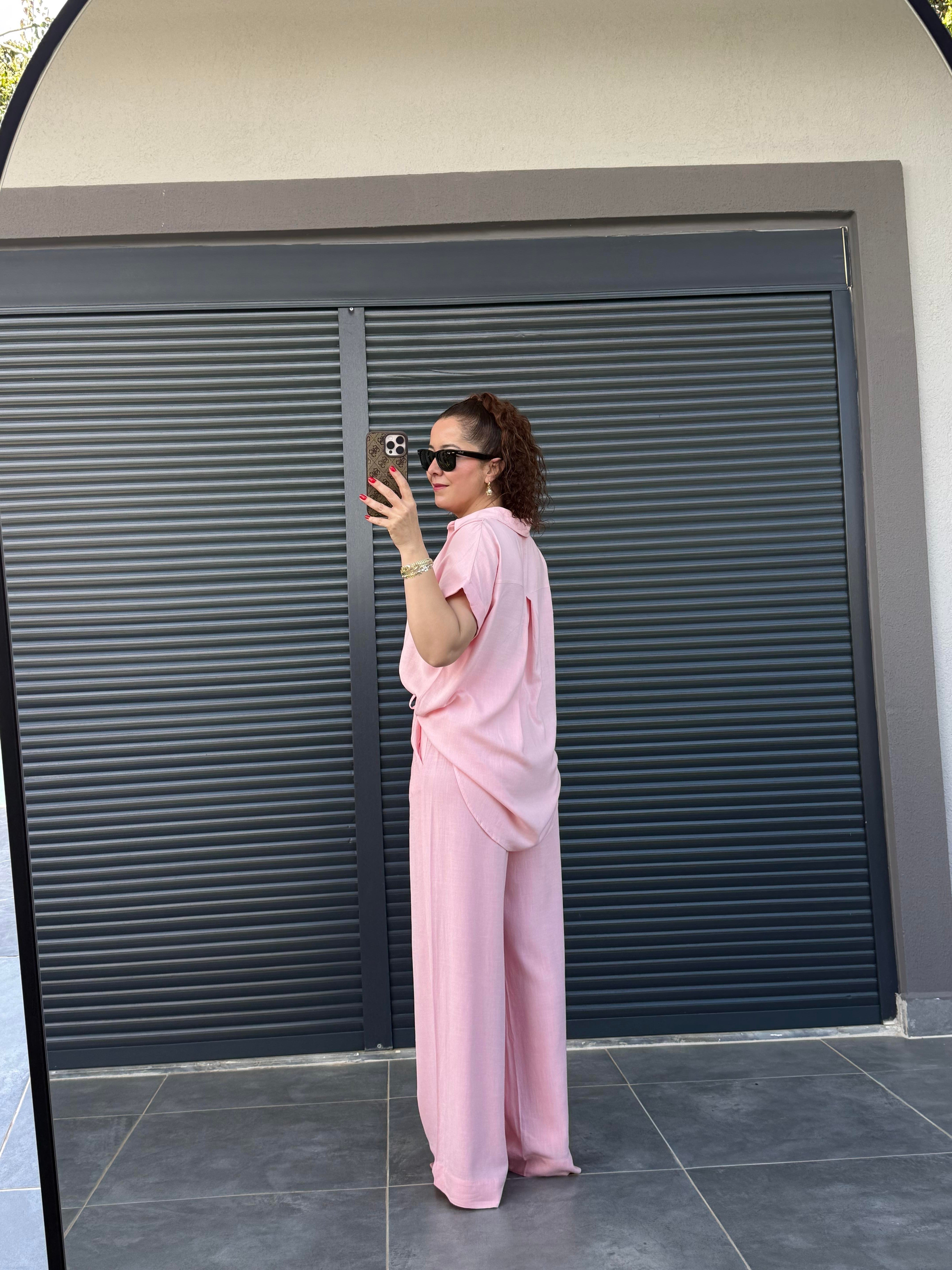Premium Keten Bluz Pantolon Takım Pembe