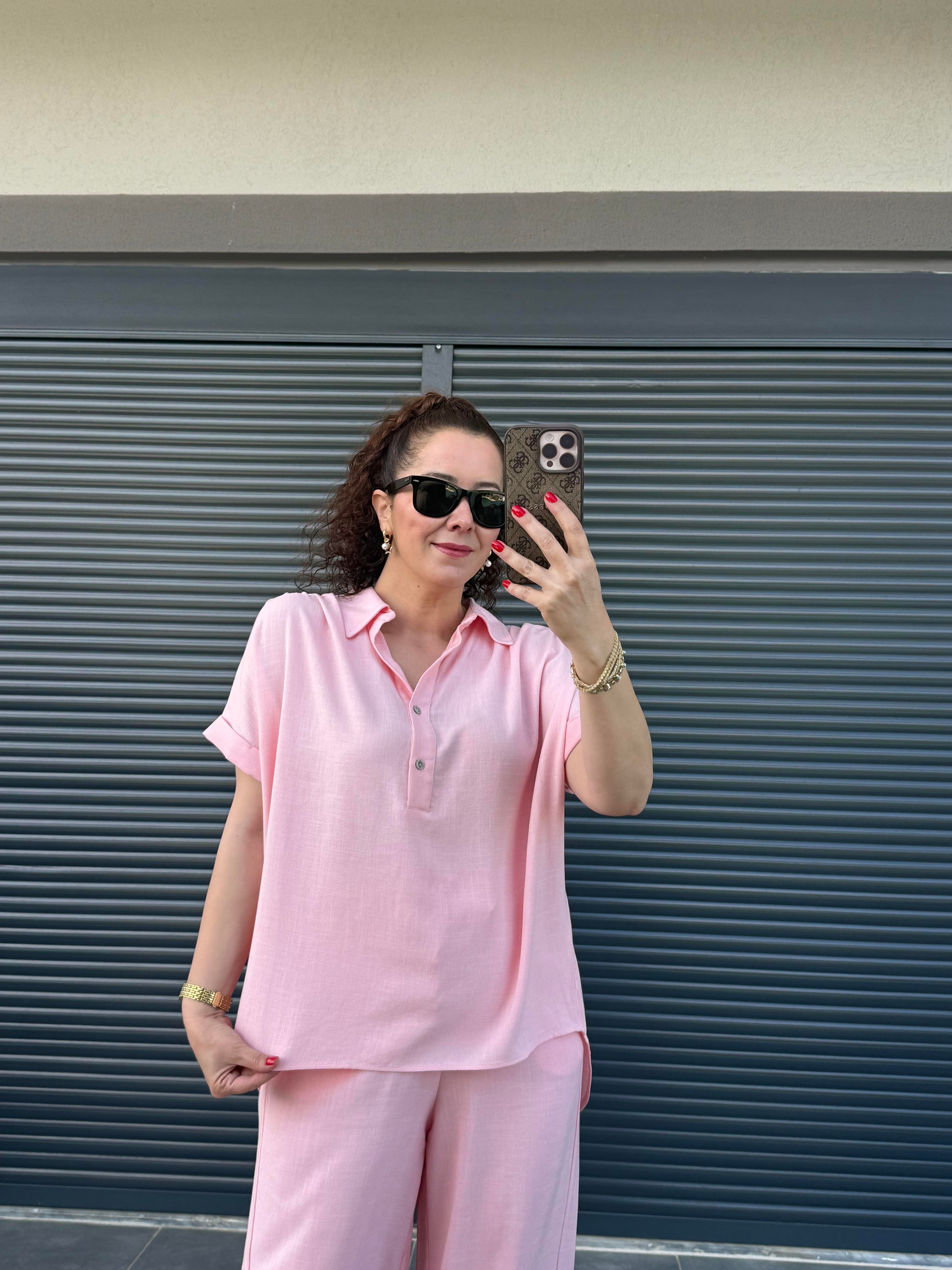 Premium Keten Bluz Pantolon Takım Pembe
