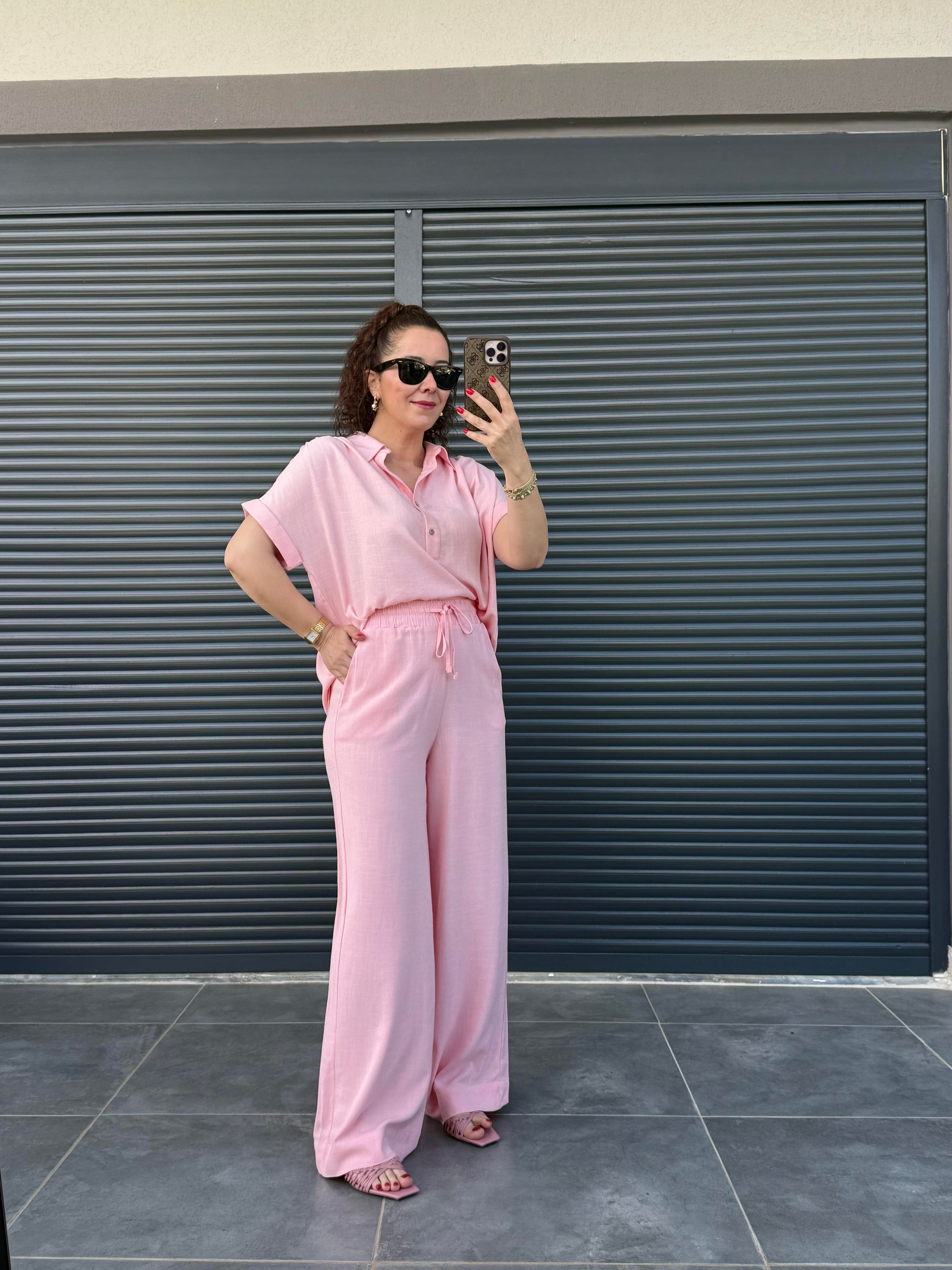 Premium Keten Bluz Pantolon Takım Pembe
