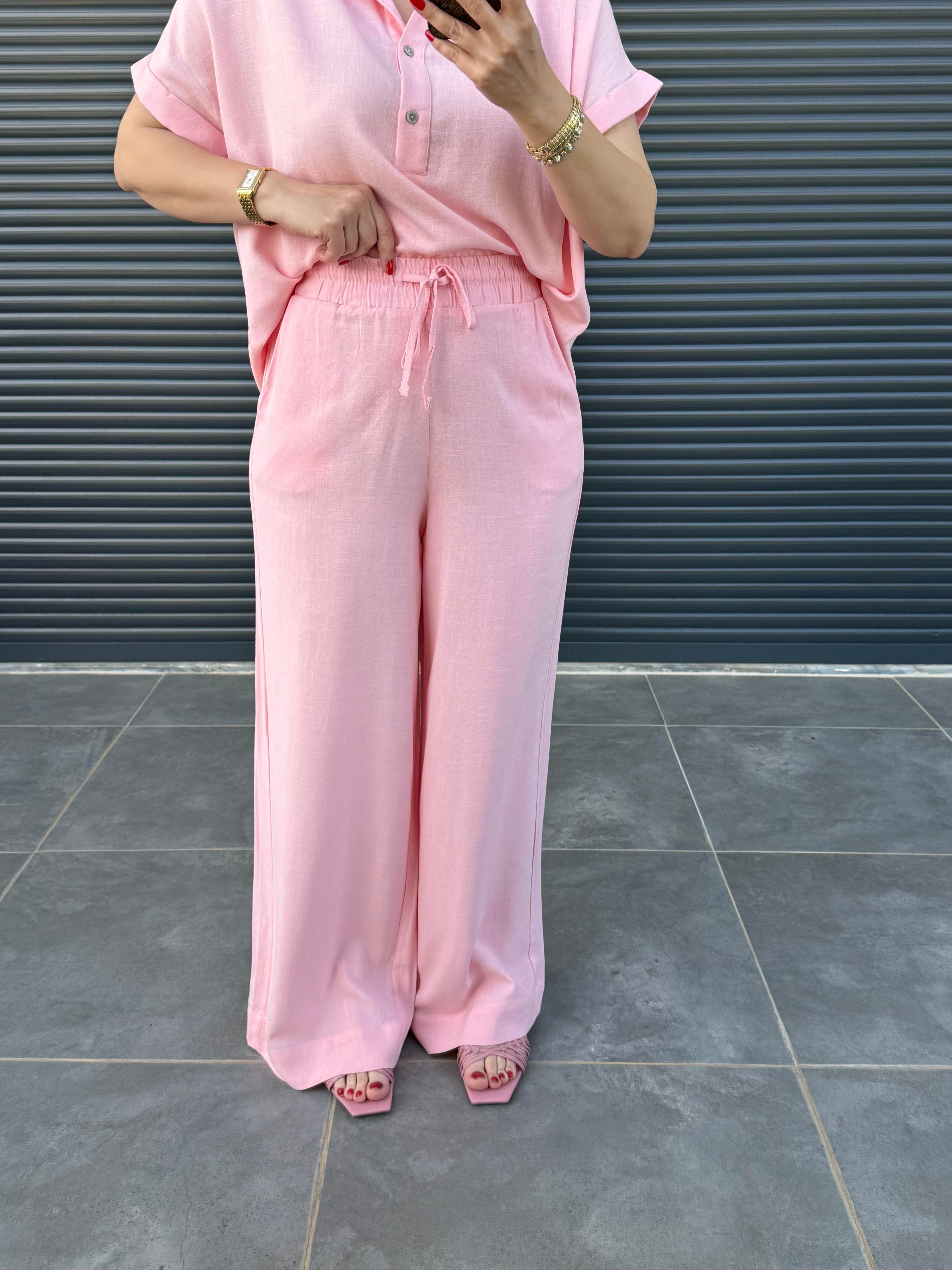 Premium Keten Bluz Pantolon Takım Pembe