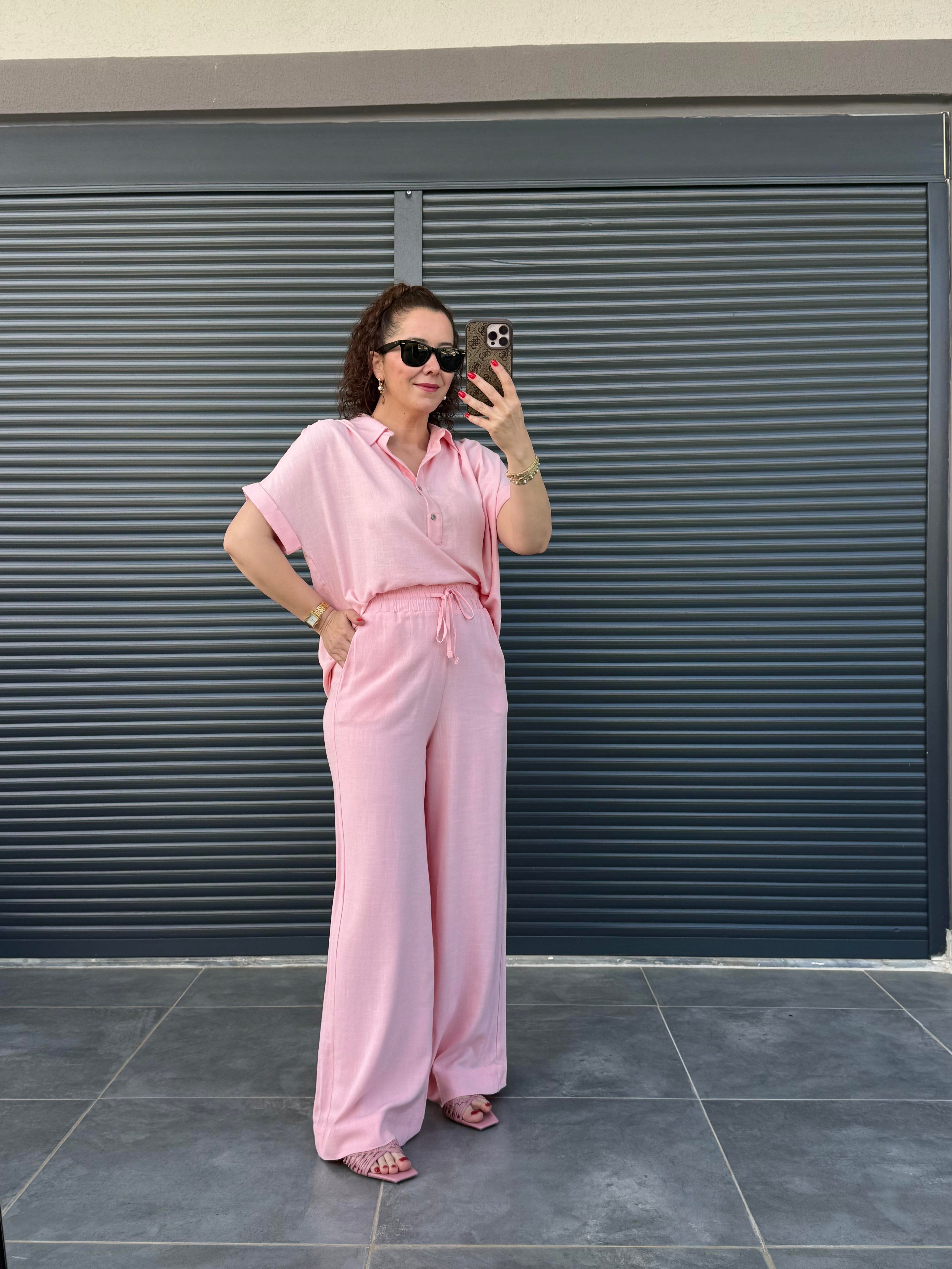 Premium Keten Bluz Pantolon Takım Pembe