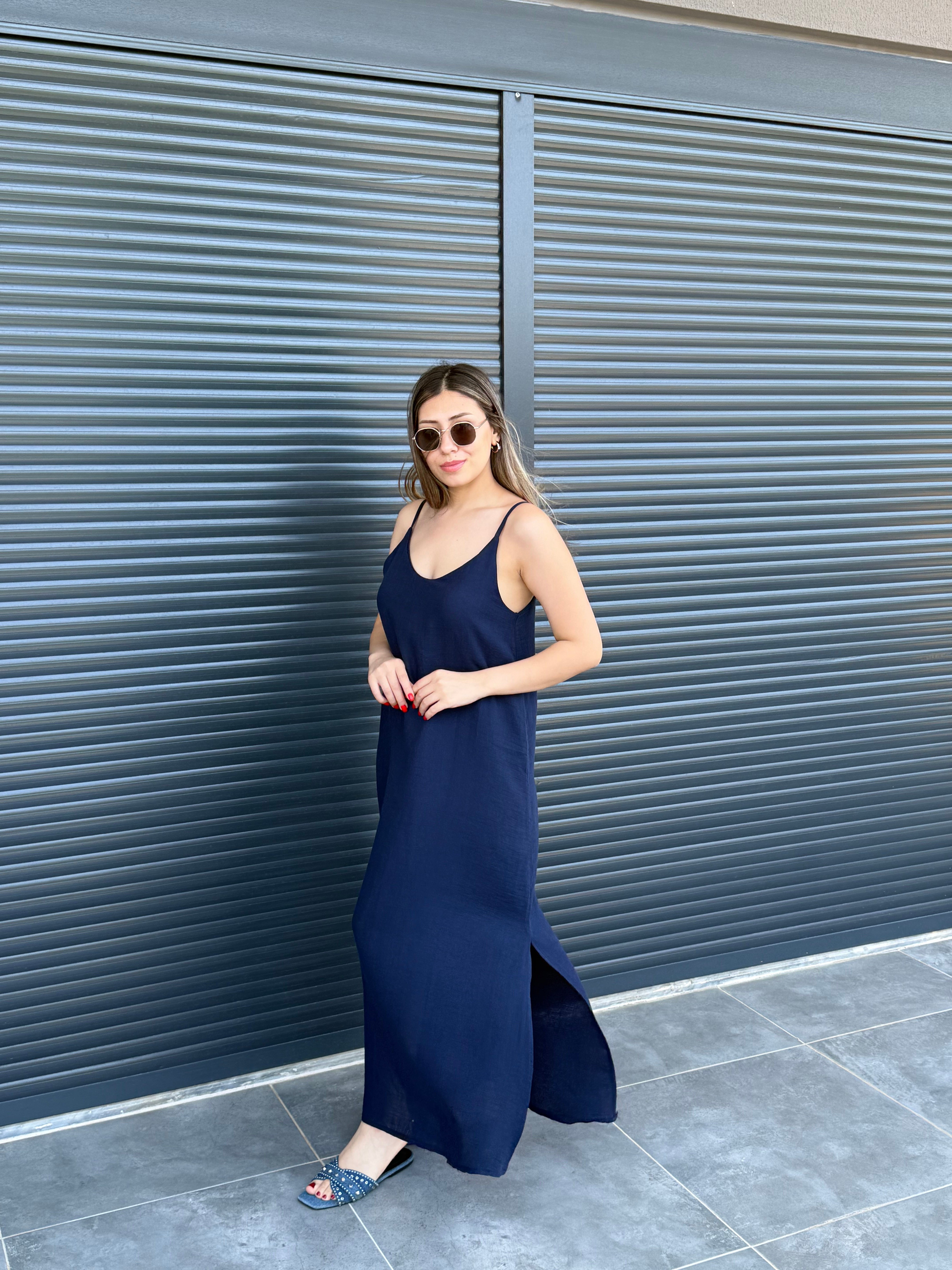 Premium Müslin İp Askılı Elbise Lacivert