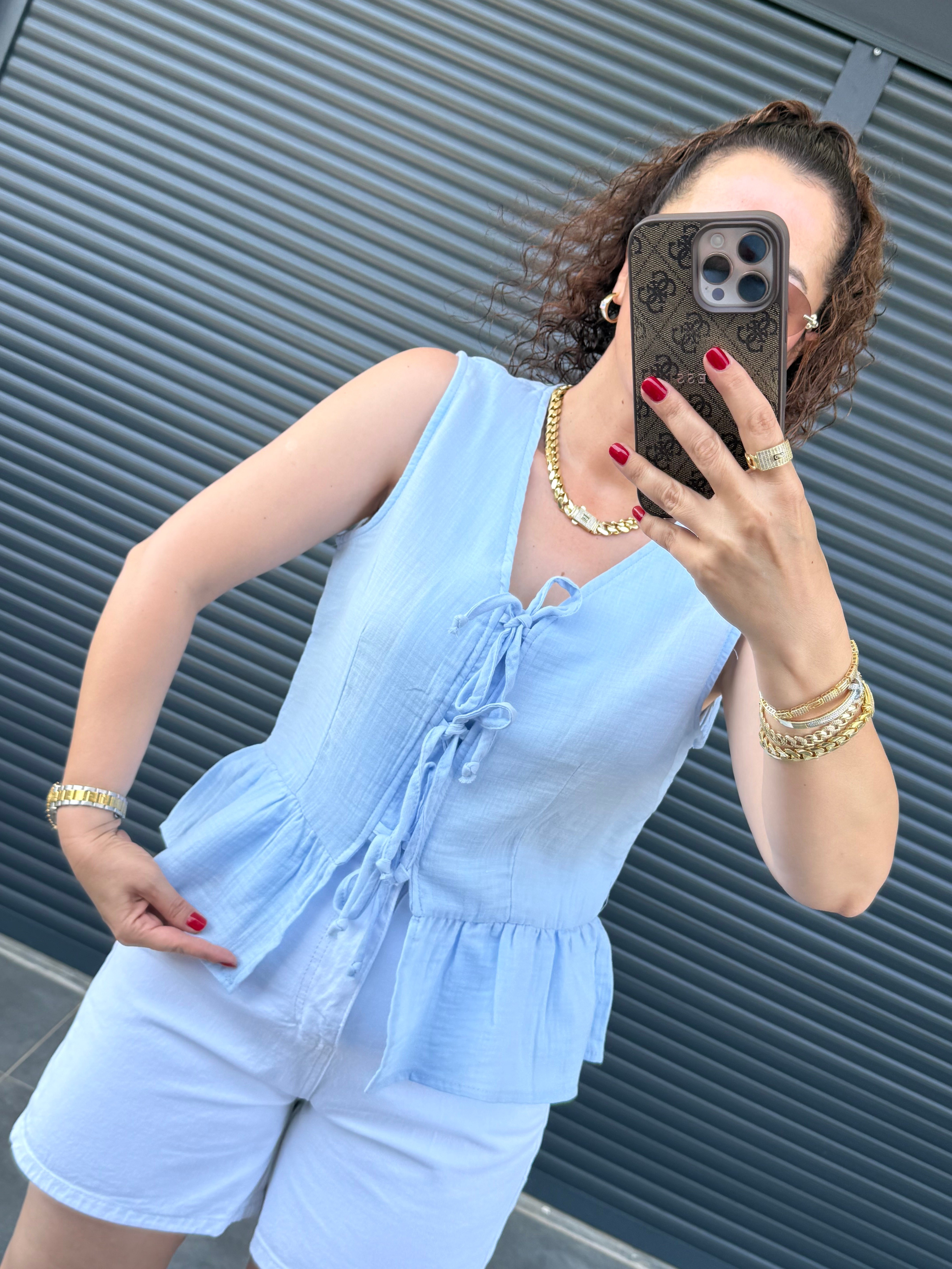 Premium Müslin Önü Fiyonklu Bluz Mavi