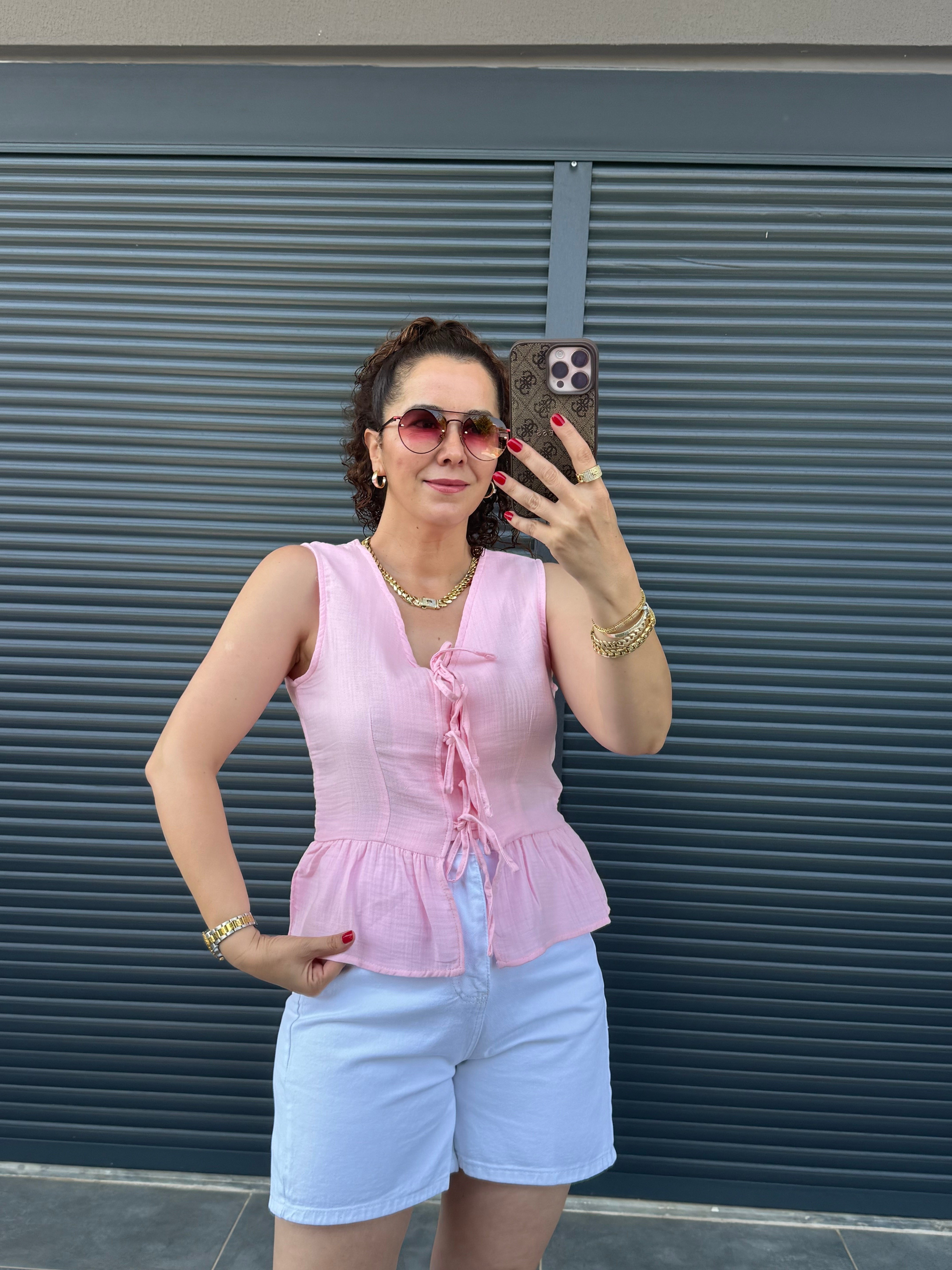 Premium Müslin Önü Fiyonklu Bluz Pembe