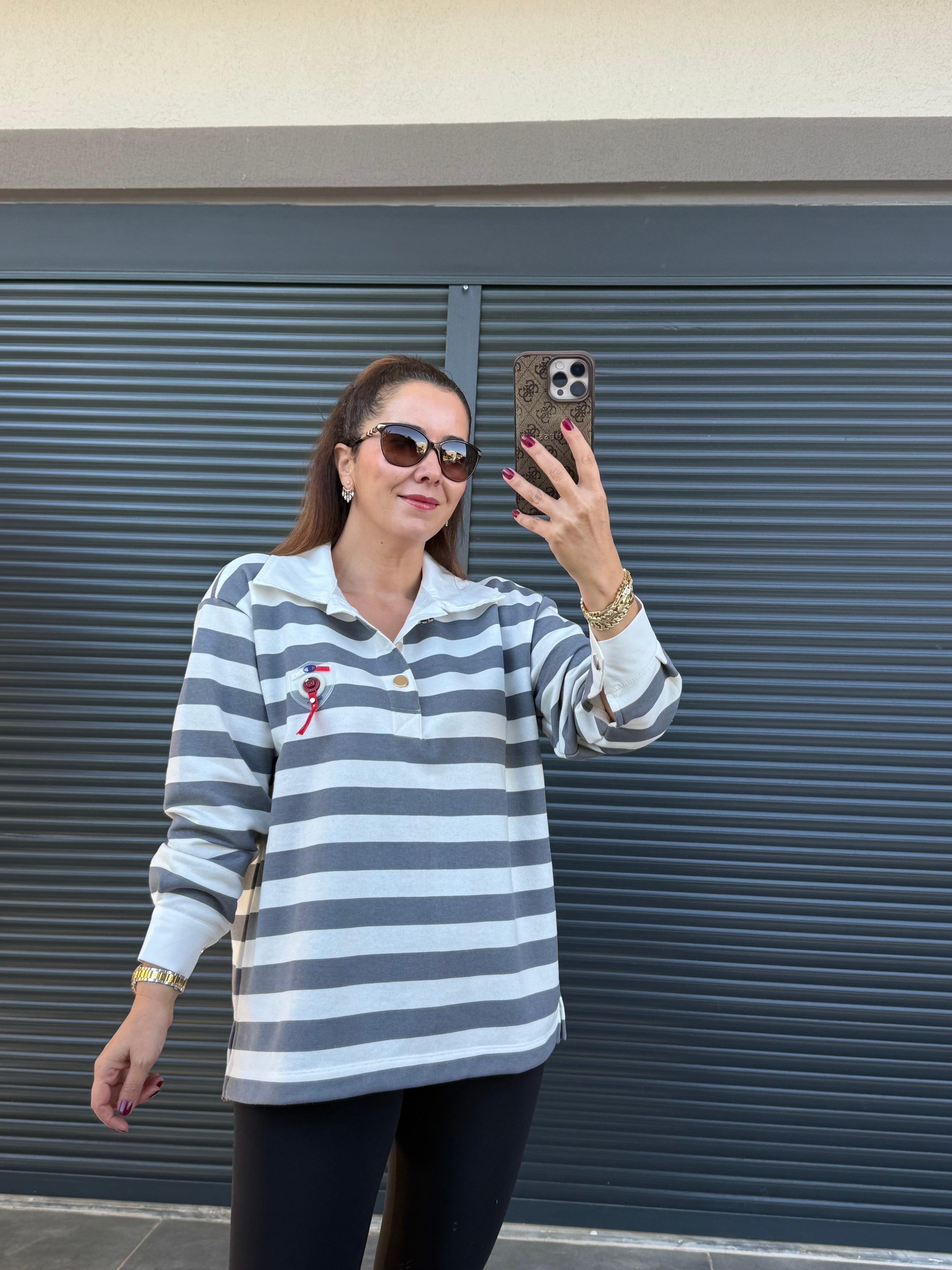 Premium Polo Yaka Arma Detaylı Sweat Gri
