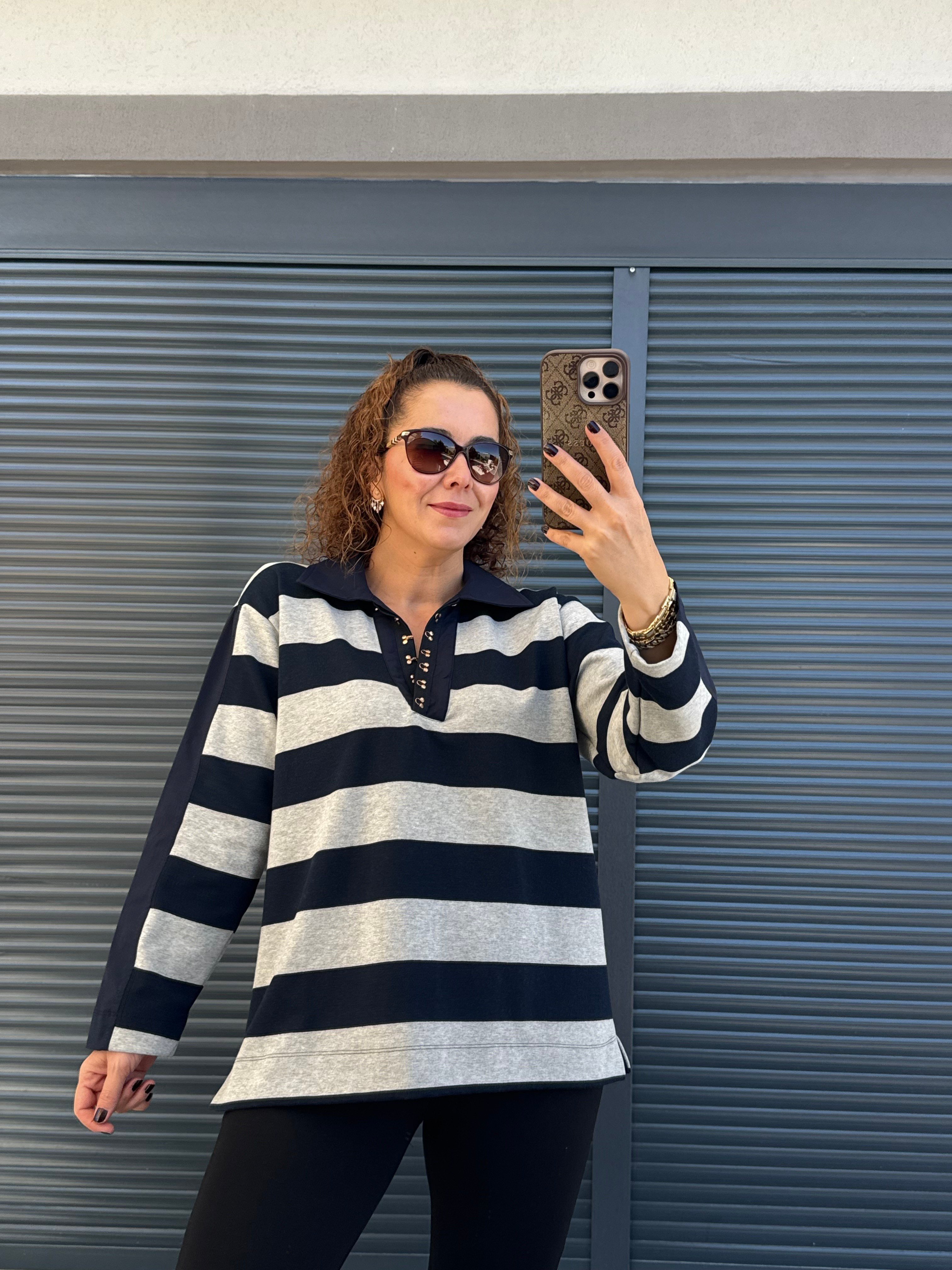 Premium Polo Yaka Çizgili Sweat Lacivert