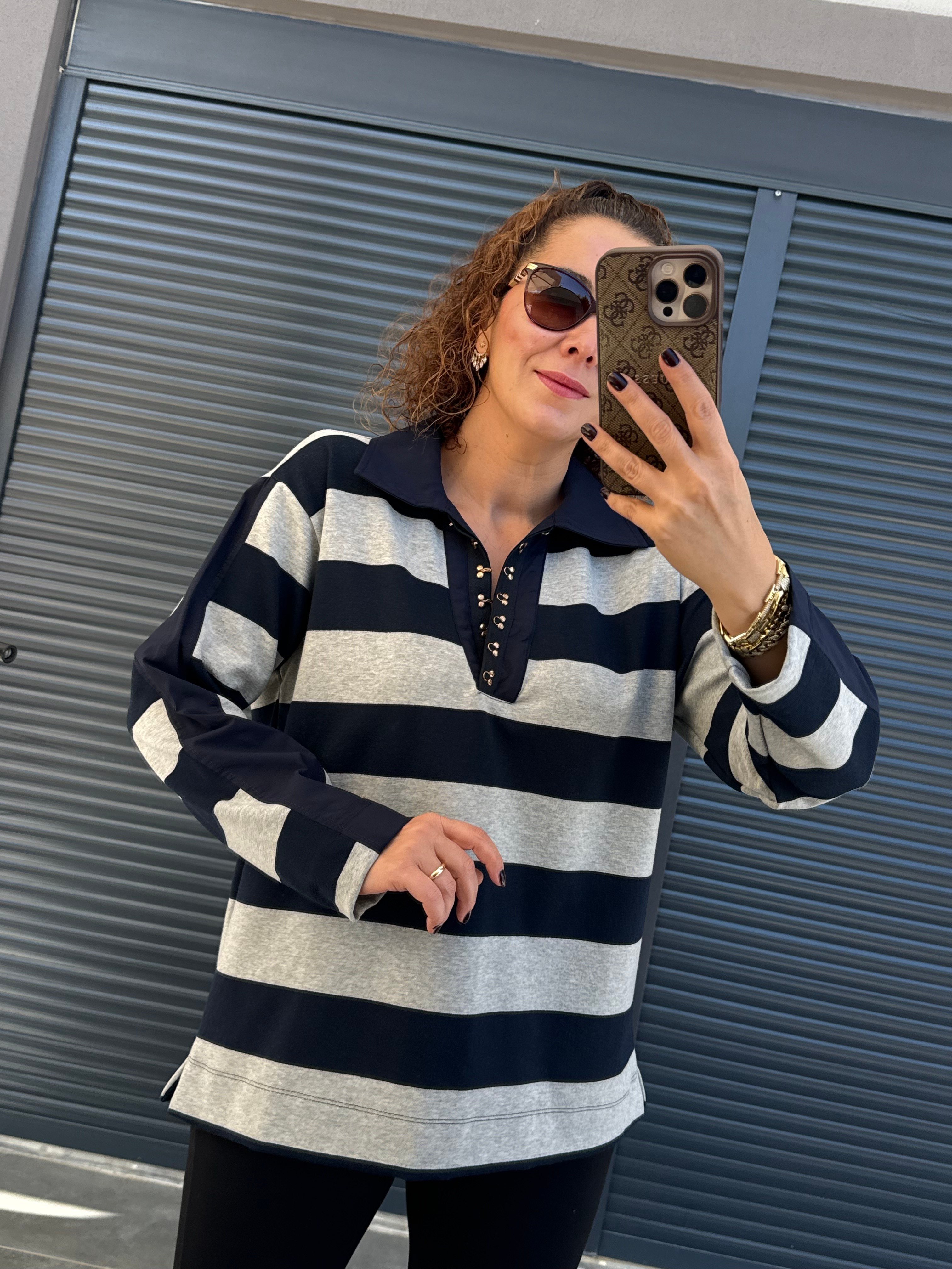 Premium Polo Yaka Çizgili Sweat Lacivert