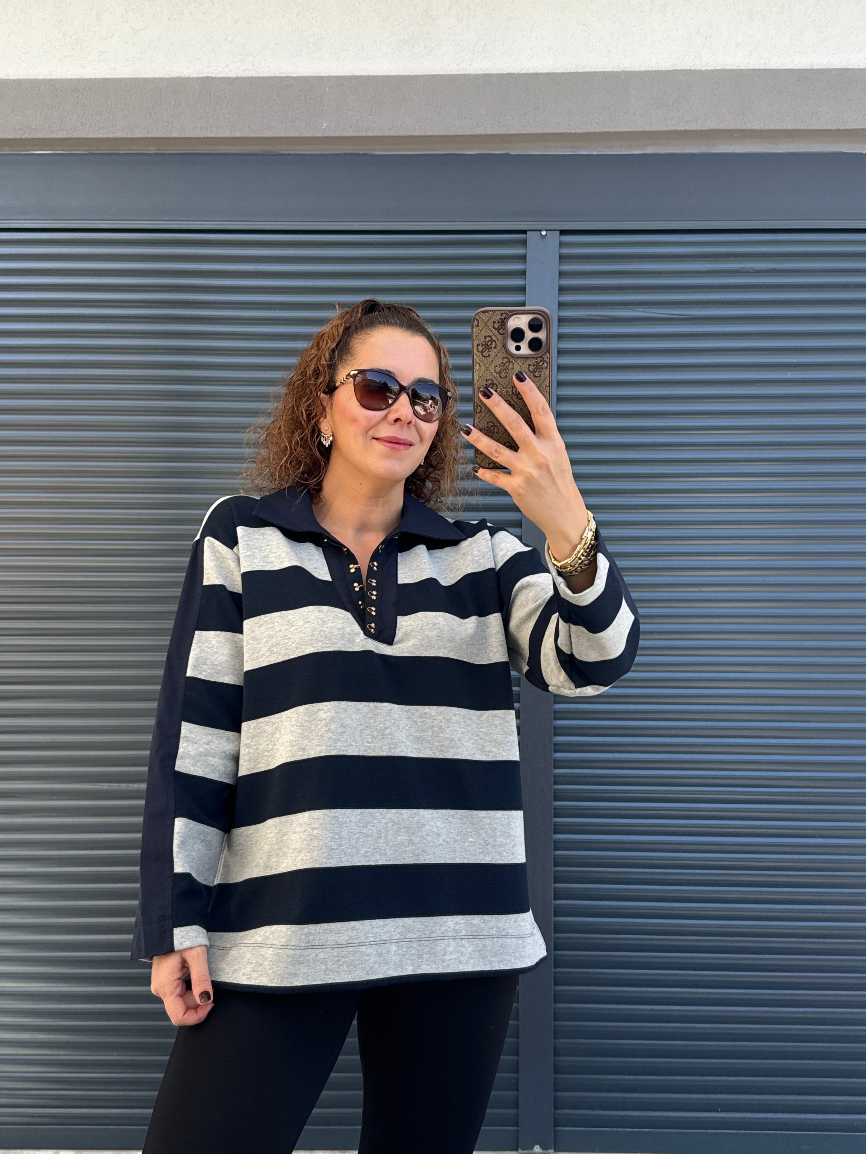 Premium Polo Yaka Çizgili Sweat Lacivert