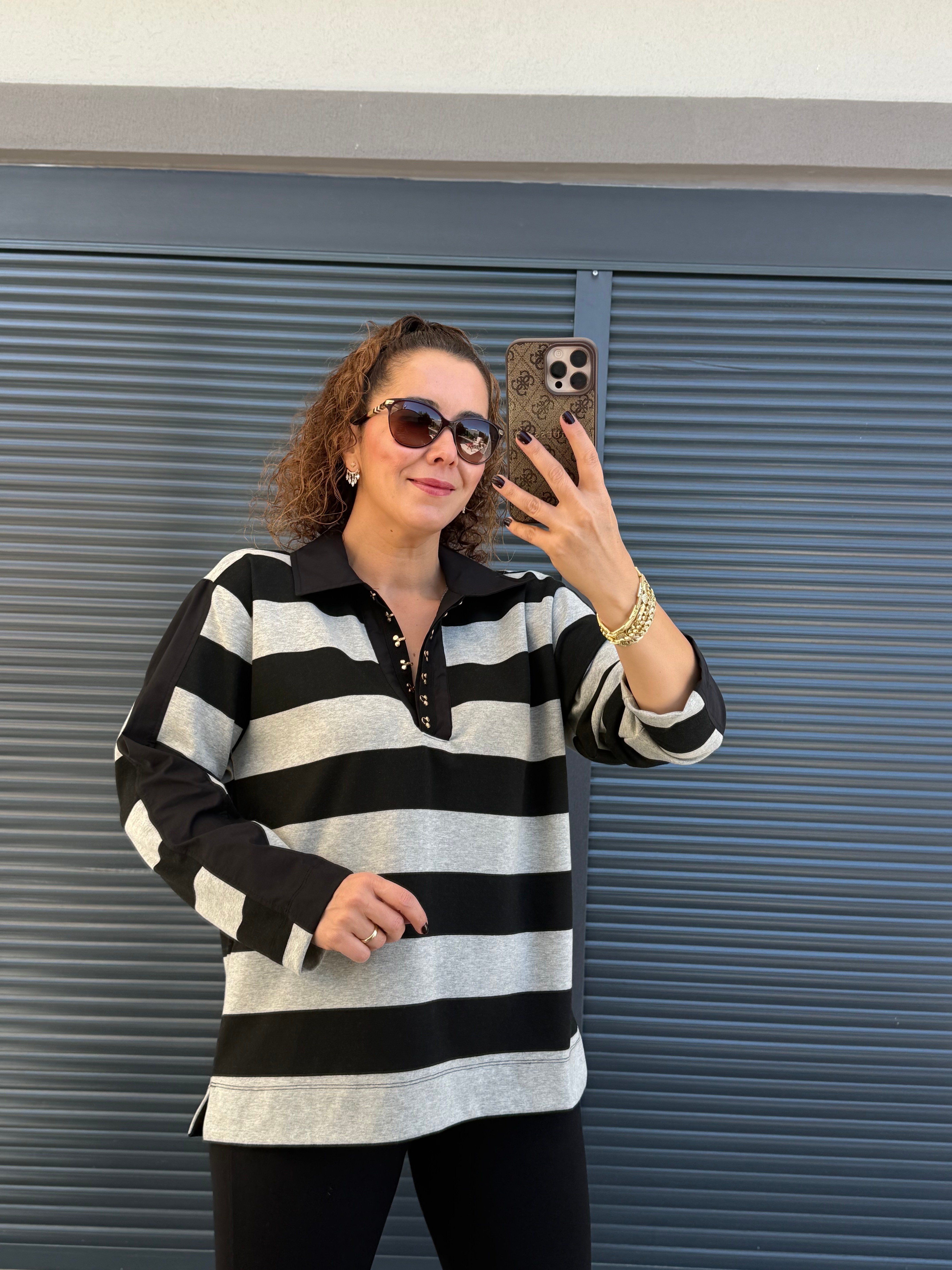 Premium Polo Yaka Çizgili Sweat Siyah