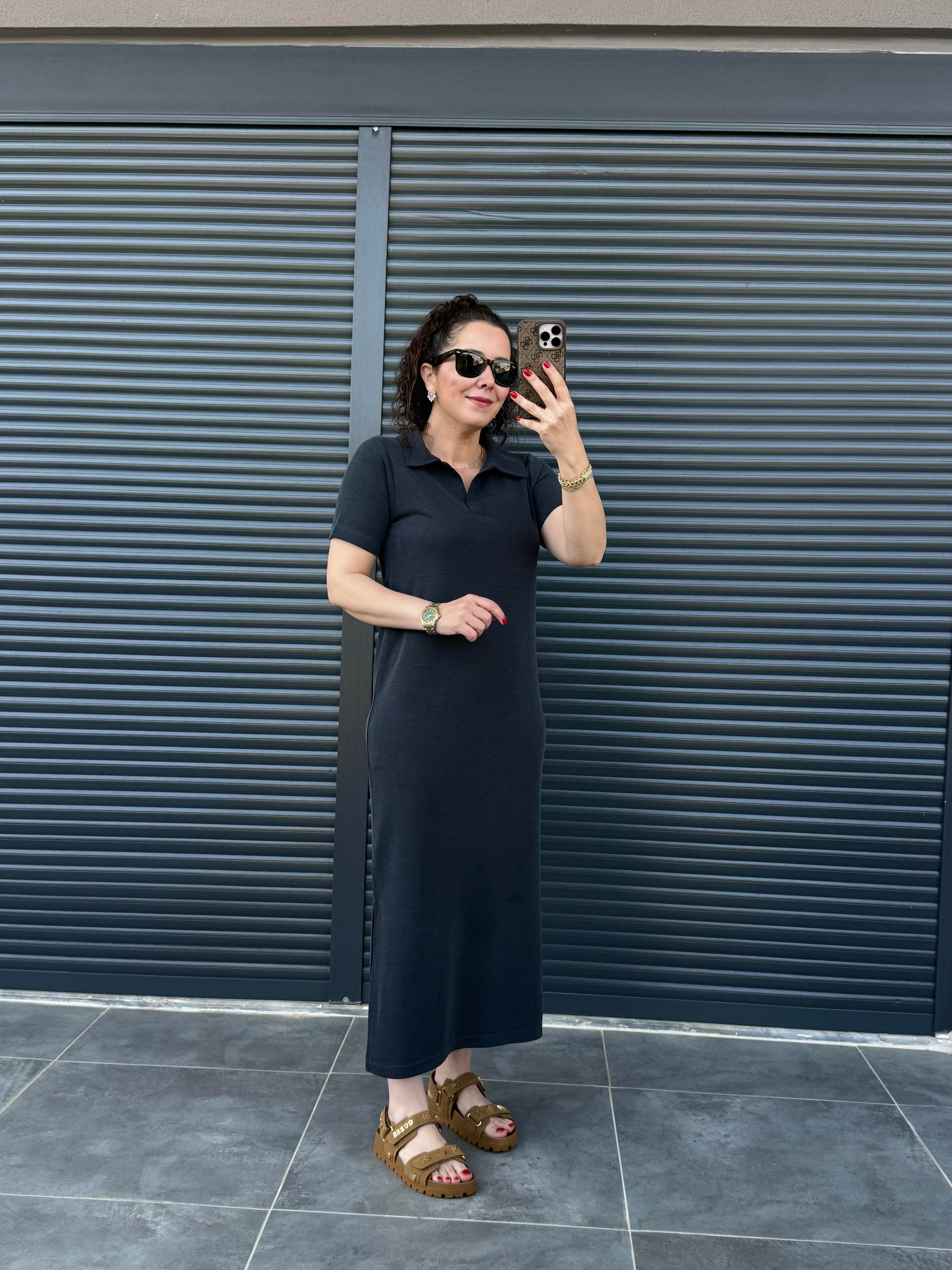 Premium Polo Yaka Pike Modal Elbise Lacivert