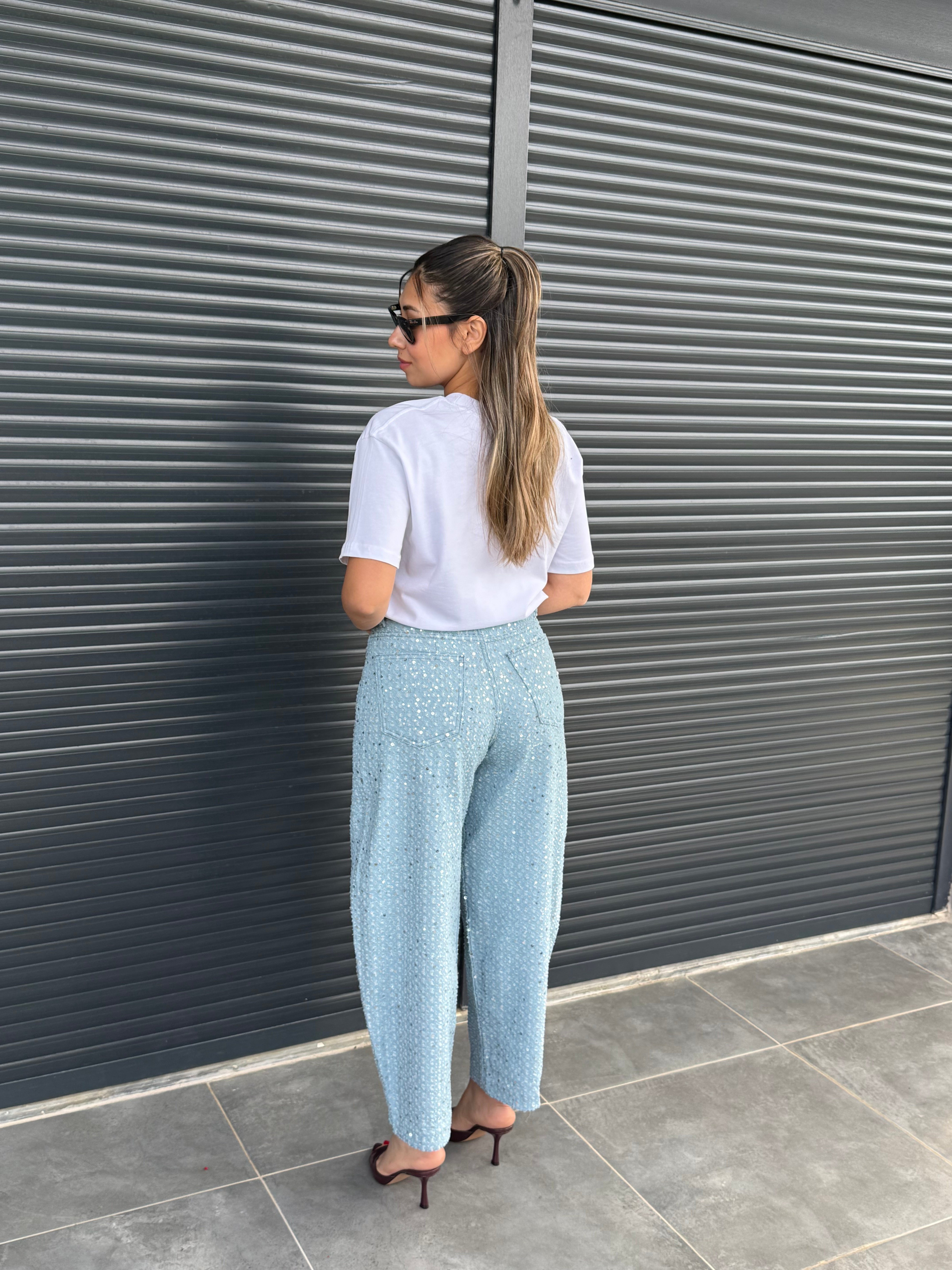 Premium Pullu Balon Jean Açık Mavi